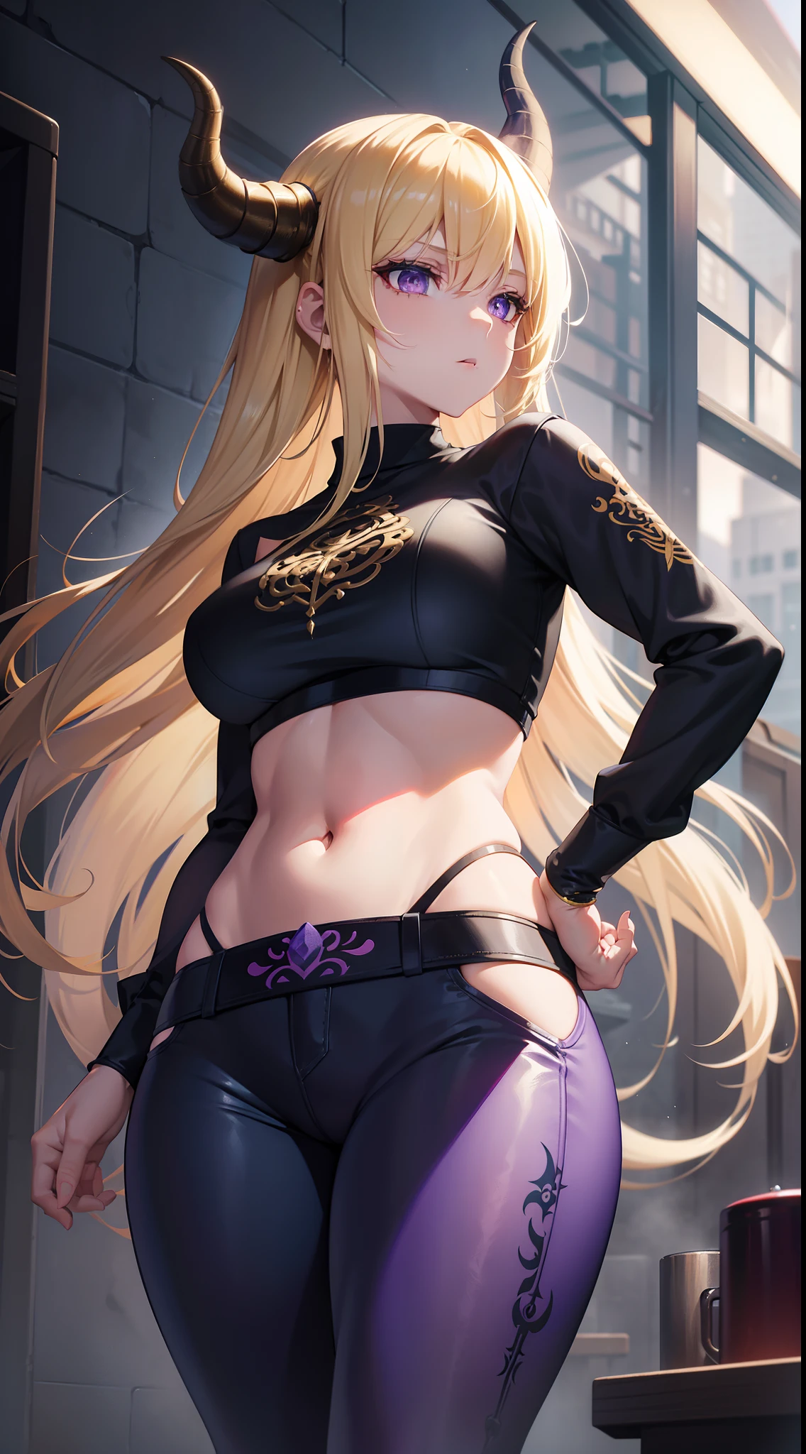 young girl, longue blonde hair, dragon horns, violet eyes, tattoo, Blue tight shirt, open belly, black tight pants, seen from behind, Masterpiece, hiquality, higly detailed, HD, 4k