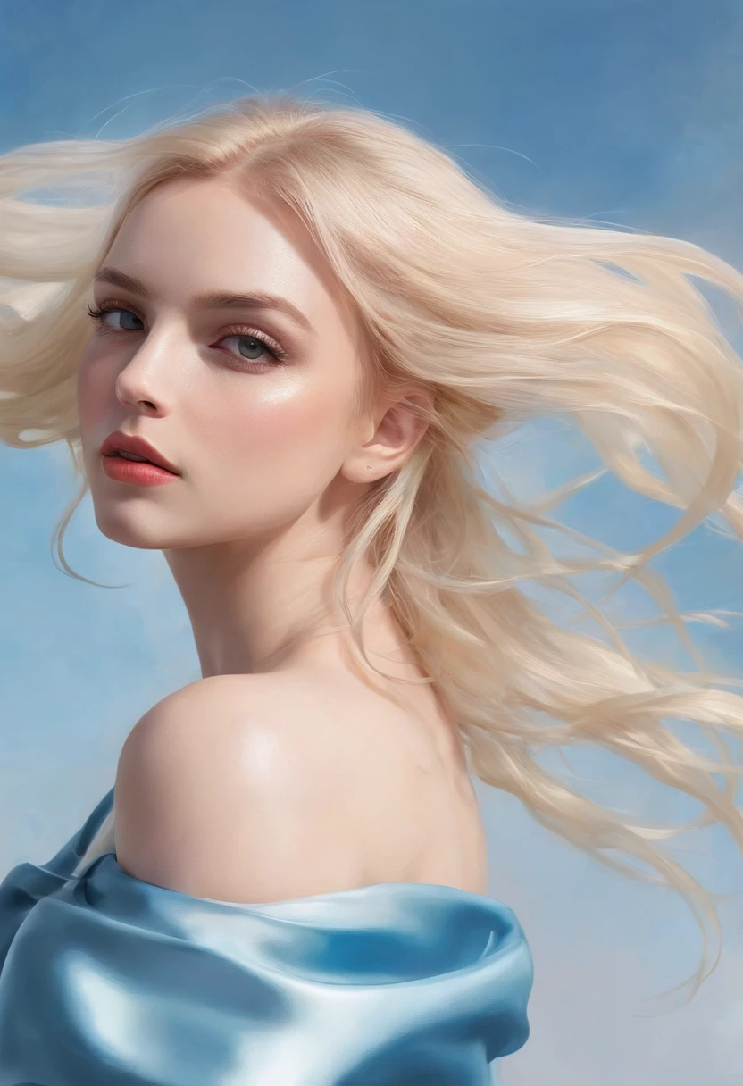 Painting of a woman with blonde hair and sylk dress, glossy silk, beautiful art uhd 4 k, oil panting, outdoor, garden,beautiful character painting, beautiful portrait oil painting, expressive beautiful painting,
expressive beautiful portrait, side light, blue sky