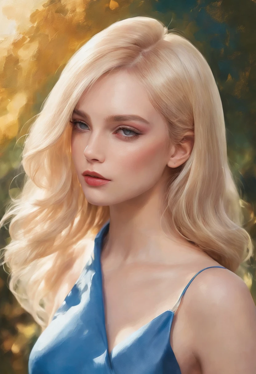 Painting of a woman with blonde hair and sylk dress, glossy silk, beautiful art uhd 4 k, oil panting, outdoor, garden,beautiful character painting, beautiful portrait oil painting, expressive beautiful painting,
expressive beautiful portrait, side light, blue sky