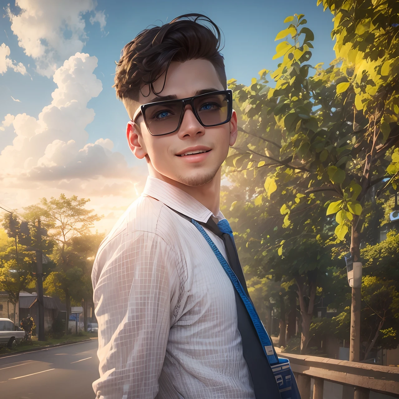 A lively and cheerful handsome boy,dressed,Has blue eyes,Real Human,A sense of future technology change background realistic face