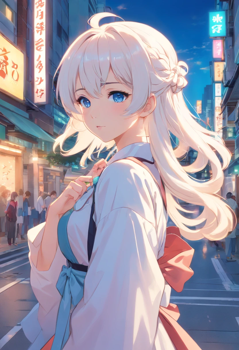 White color hair,Double ponytail curls,blue color eyes,White ta,Beth,A bustling city street
