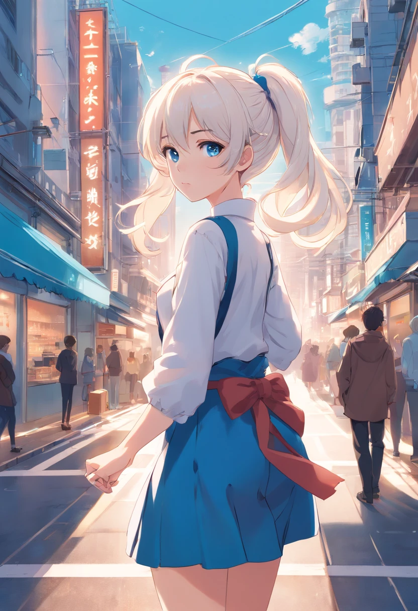 White color hair,Double ponytail curls,blue color eyes,White ta,Beth,A bustling city street
