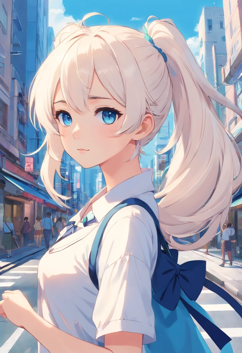 White color hair，Double ponytail curls，blue color eyes，White Lolita，Beth，A bustling city street