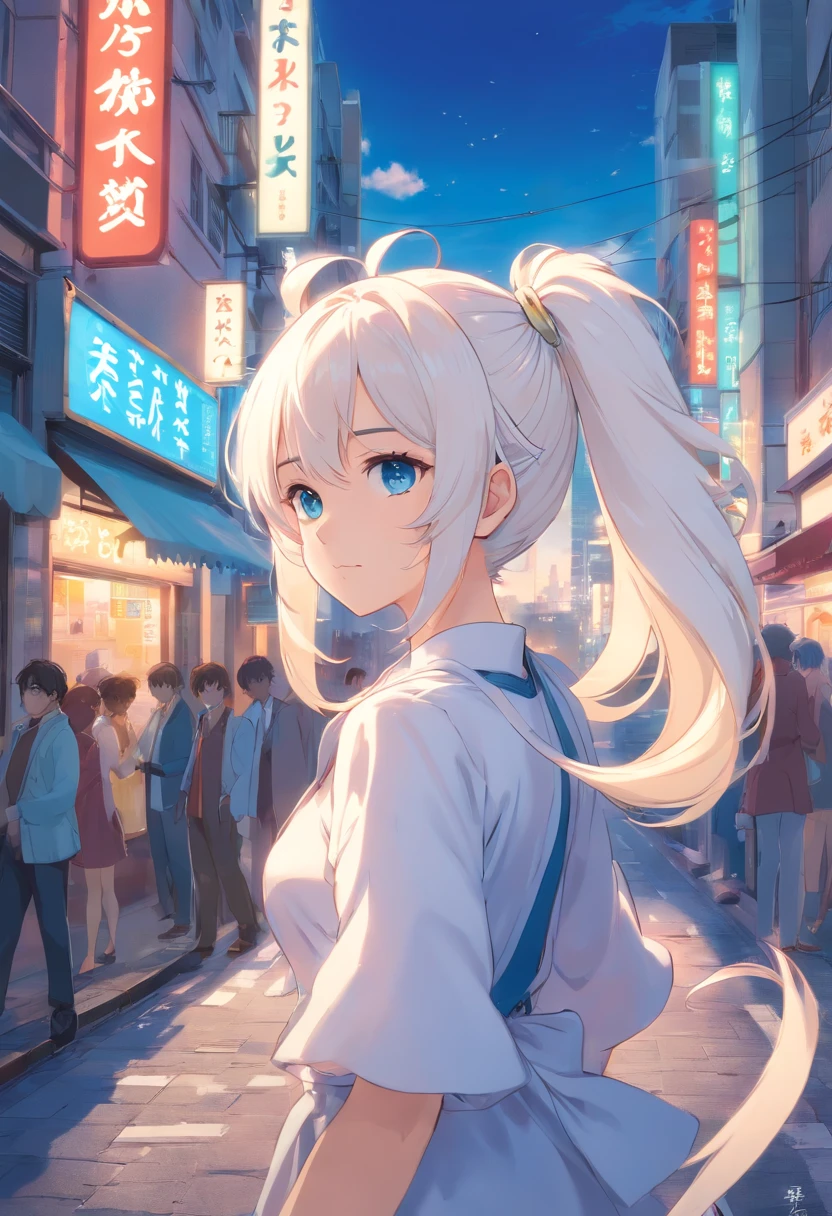 White color hair，Double ponytail curls，blue color eyes，White Lolita，Beth，A bustling city street
