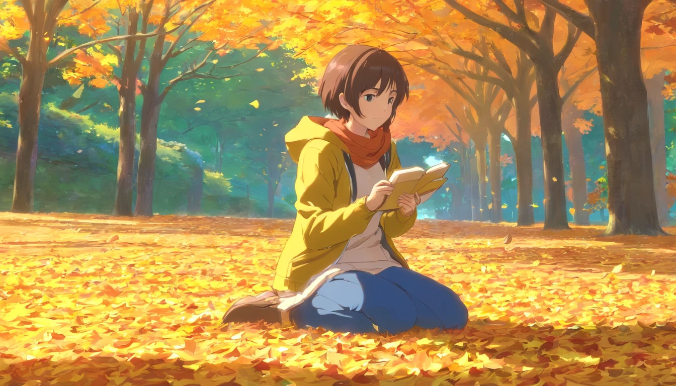 Autumn view，Maple leaves fall，A golden yellow，Very romantic，coziness，peacful，visual shock，hiyao miyazaki，anime big breast，best qualtiy,hyper HD,high qulity,high detal,Perfect picture,Textured skin,acurate,Fine details -