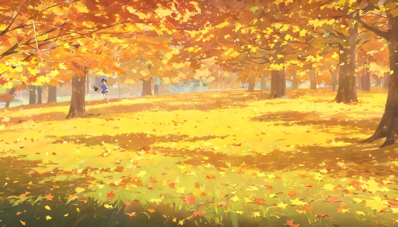 Autumn view,Maple leaves fall,A golden yellow,Very romantic,coziness,peacful,visual shock,hiyao miyazaki,anime big breast,best qualtiy,hyper HD,high qulity,high detal,Perfect picture,Textured skin,acurate,Fine details -