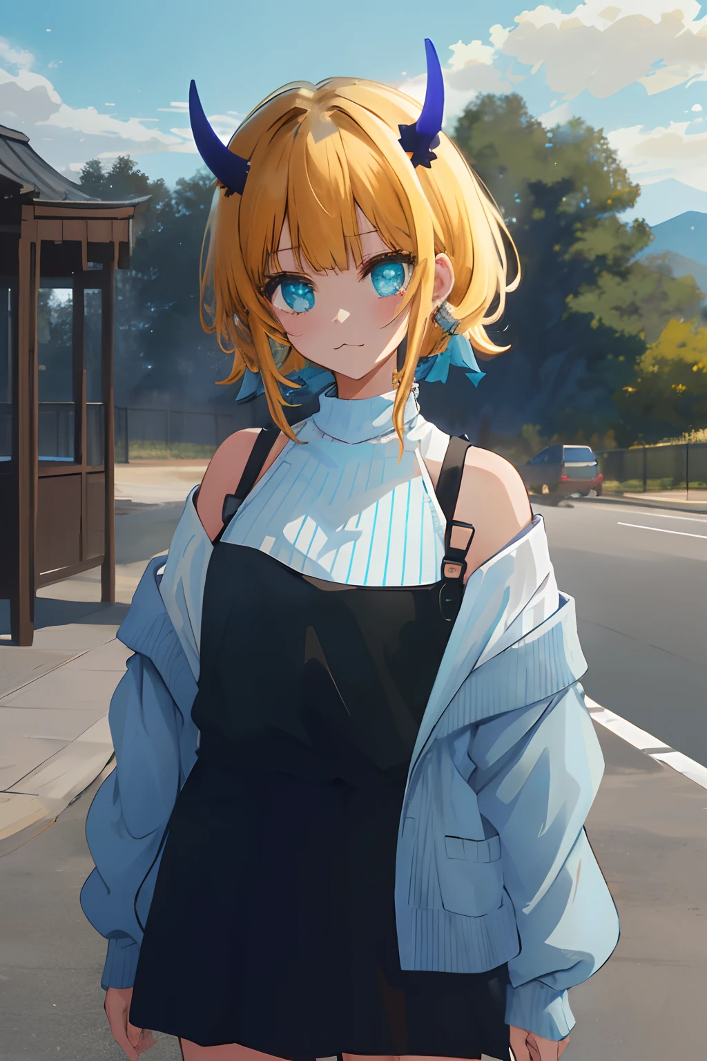 masterpiece, high quality, highres, memcho, outdoors, cowboy shot, black skirt, shirt, off shoulder, off-shoulder sweater, (light blue sweater:1.2), (tiny horns), (:3:1.2), sleeveless shirt, high neck sleeveless shirt, black shirt, sweater, sweater sleeves past wrists,