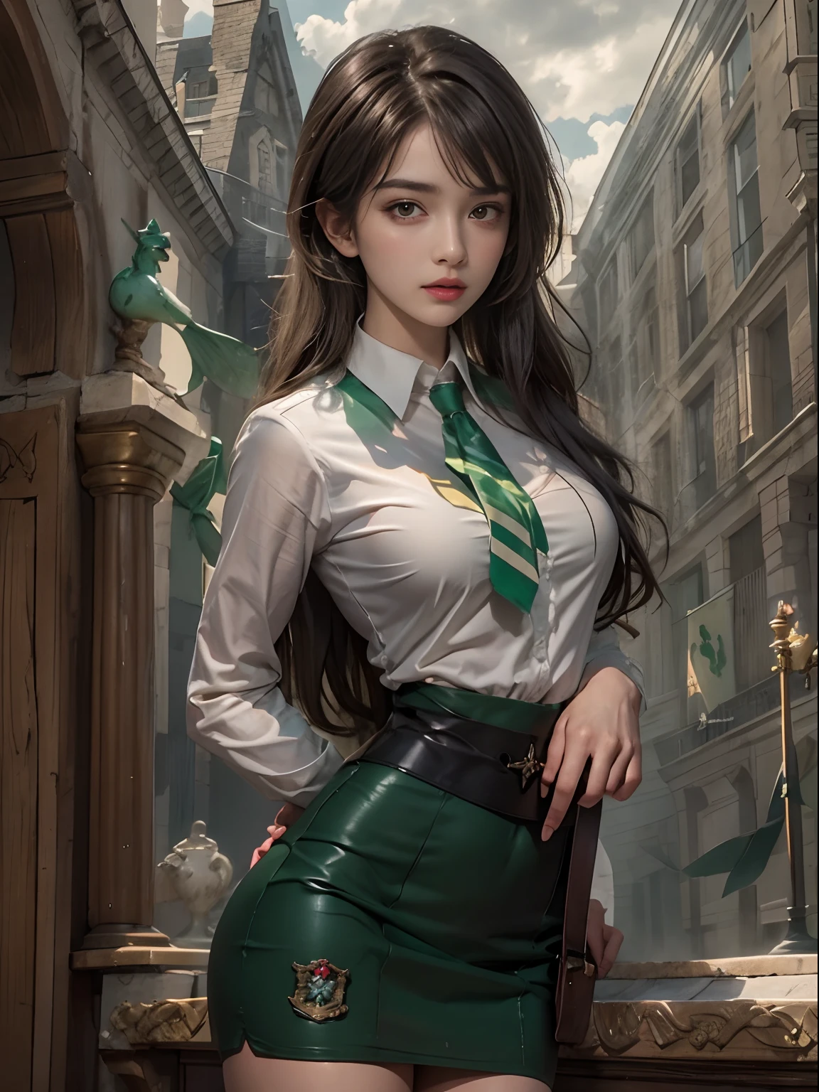 Photorealistic, high resolution, 1womanl, Solo, Hips up, view the viewer, (Detailed face), Hogwarts uniform, hogsks, Slytherin，blackstockings