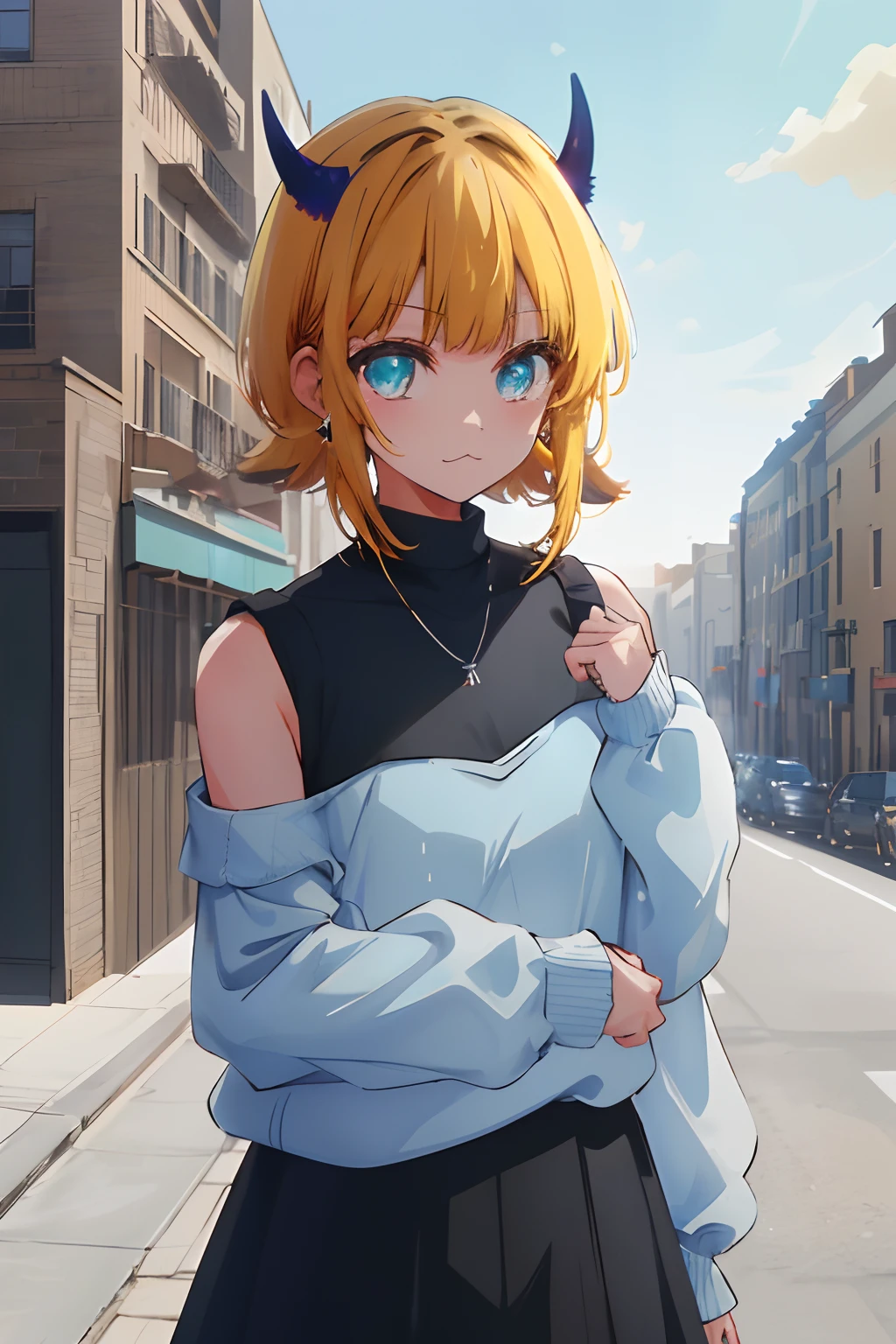masterpiece, high quality, highres, memcho, outdoors, cowboy shot, black skirt, shirt, off shoulder, off-shoulder sweater, (light blue sweater:1.2), (tiny horns), (:3:1.2), sleeveless shirt, high neck sleeveless shirt, black shirt, sweater, sweater sleeves past wrists,