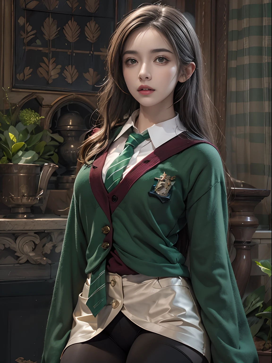 Photorealistic, high resolution, 1womanl, Solo, Hips up, view the viewer, (Detailed face), Hogwarts uniform, hogsks, Slytherin，blackstockings