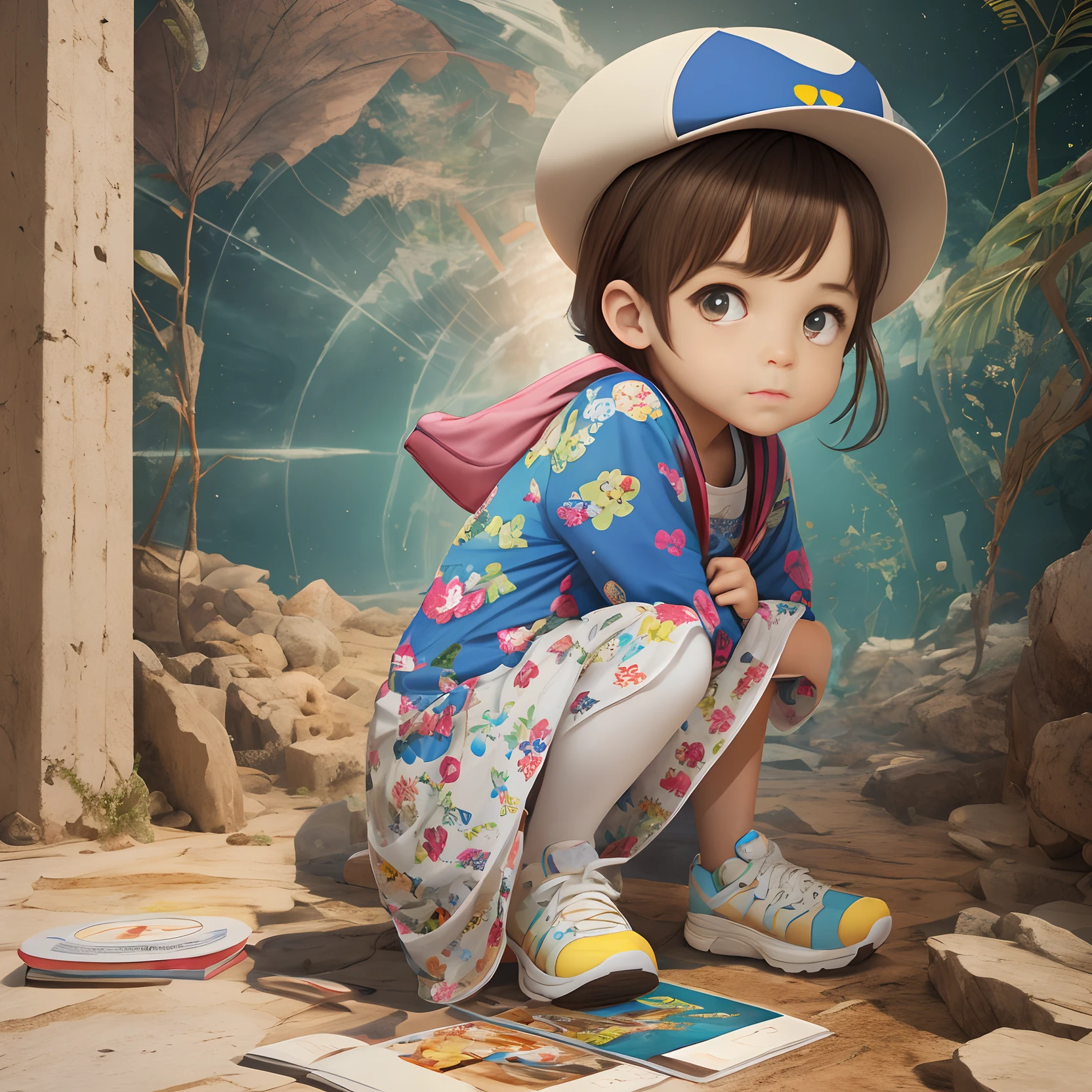 A pequena exploradora, various poses and expressions on white background, children's book ilustration style, simples, fofa, 5 anos, cores, medium light brown hair, cor lisa, vestido colorido, long barrel sneakers, without a hat, sem livro, without glasses, sem mochila. hiper-realista, 8k, ultra hd, cinema 4d, -- ar 3:2 - --auto --s2