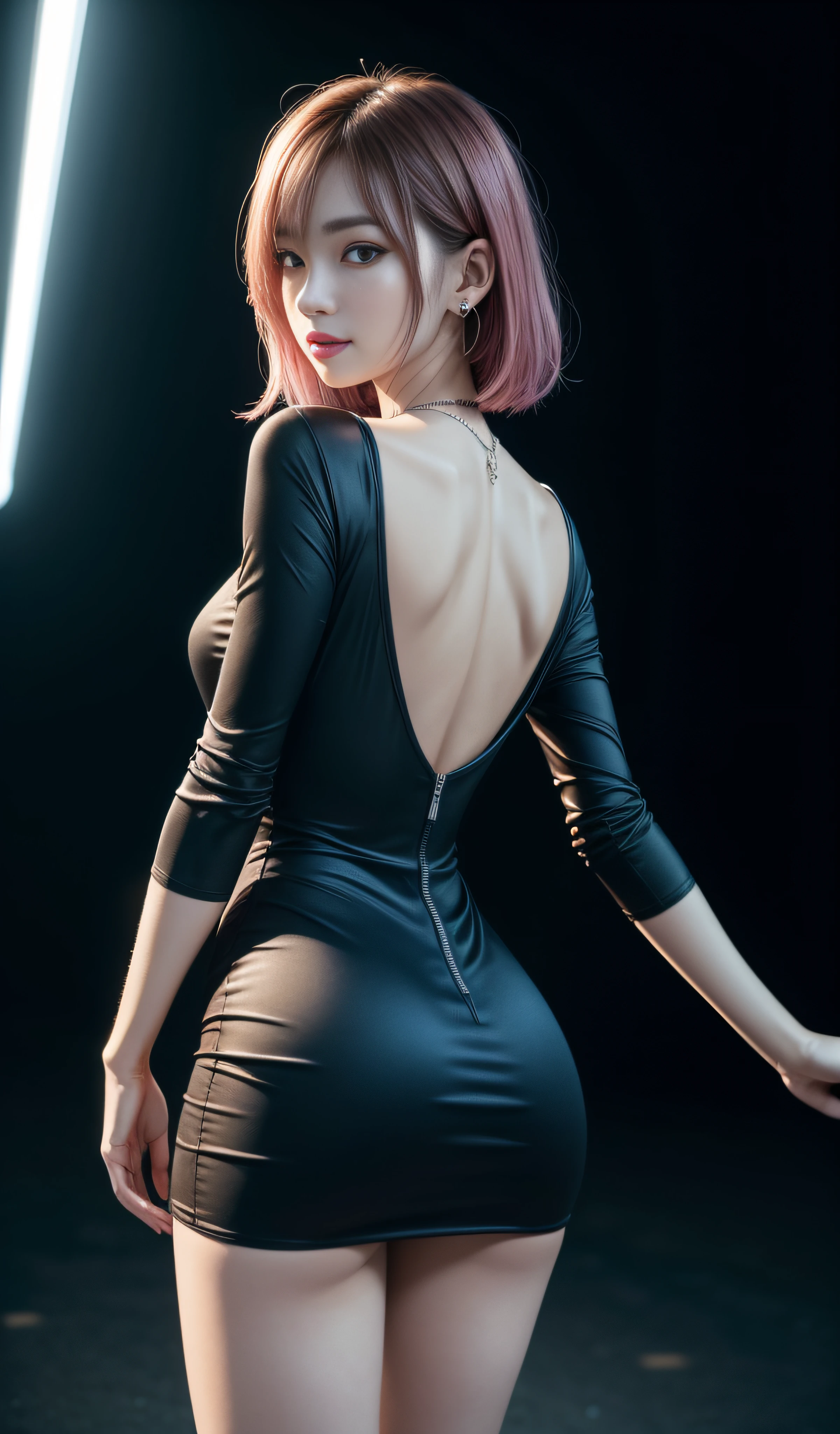 8K, Masterpiece, RAW photo, Best quality, detail:1.2),Photorealistic, Extremely detailed CG unifies 8K, 8K, Diamond, and Wallpaper, Depth of field, Cinematic light, Lens flare, Ray tracing, (Extremely beautiful face, Beautiful lips, Beautiful eyes), intricate detail face, ((ultra detailed skin)) 1girll, In the dark, deepshadow, Pretty Korean girl, Kpop idol,(Very slim and slender muscular body:1.3), ((view the viewer)),(Big smile), (bodycon minidress),(Pink dress), (Injection sleeve) , (City Night, (neon lights sign), (Night), Pretty Korean girl, Earrings, bangle, necklace, Pantyhose, Clear eyes, Walking , (Pale skin), Face forward, (Big eyes), ((upperbody shots)), bodycon minidress, Silk mini dress , Turn Back, Back shot, Very slim, slander