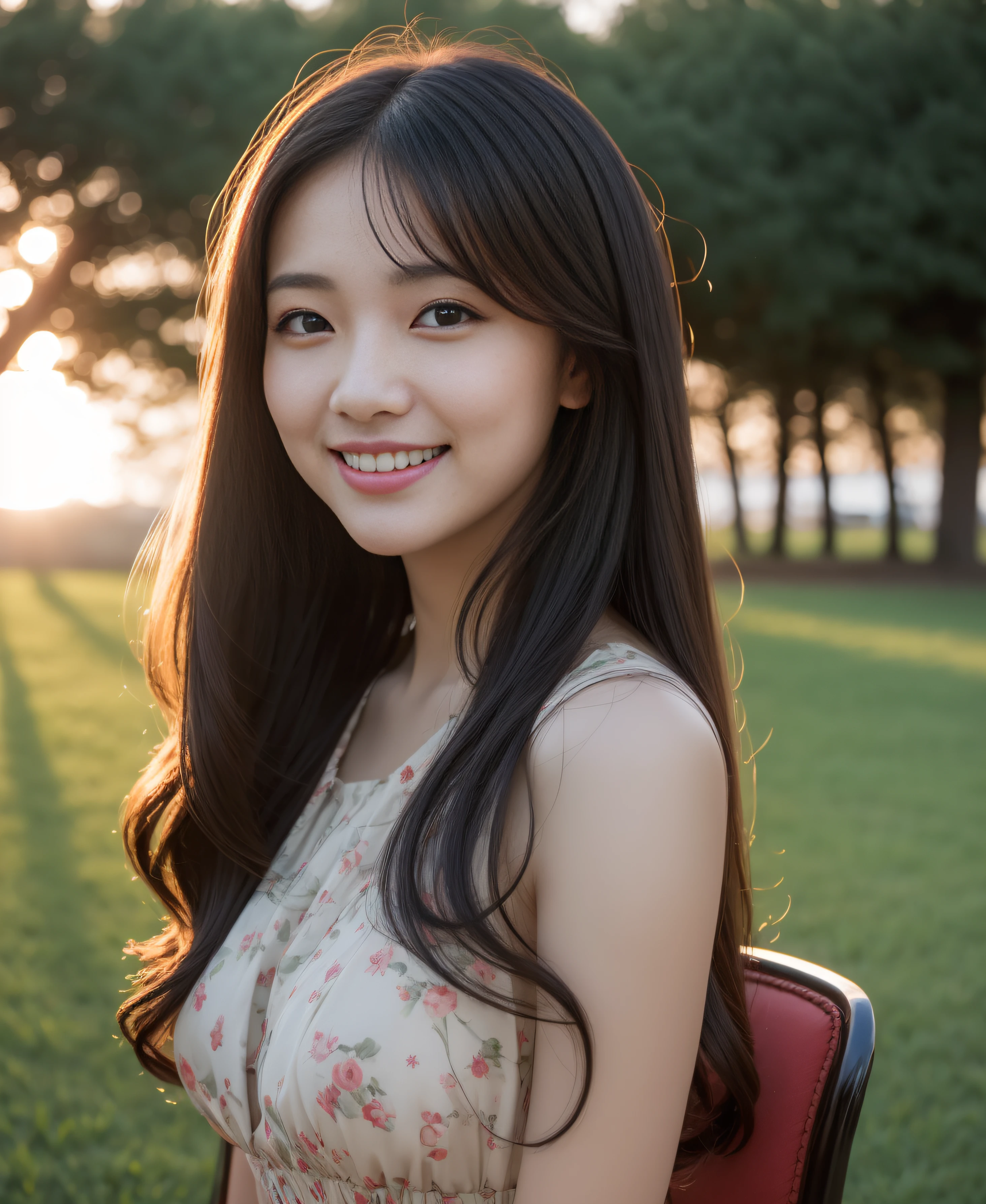 ((Top quality, 8K, Masterpiece: 1.3)), Beauty, Pure, Melon face, Kind and cute, Sweet smile, Pure desire, Slender body, (Front), (Tilted head), ((Looking at camera)) , wearing a patterned dress, black silky long hair, long shoulders, round black big eyes, clear big eyes, moist red lips, sweet, sitting on a chair, park background, ((( whole body))), Sunset,
