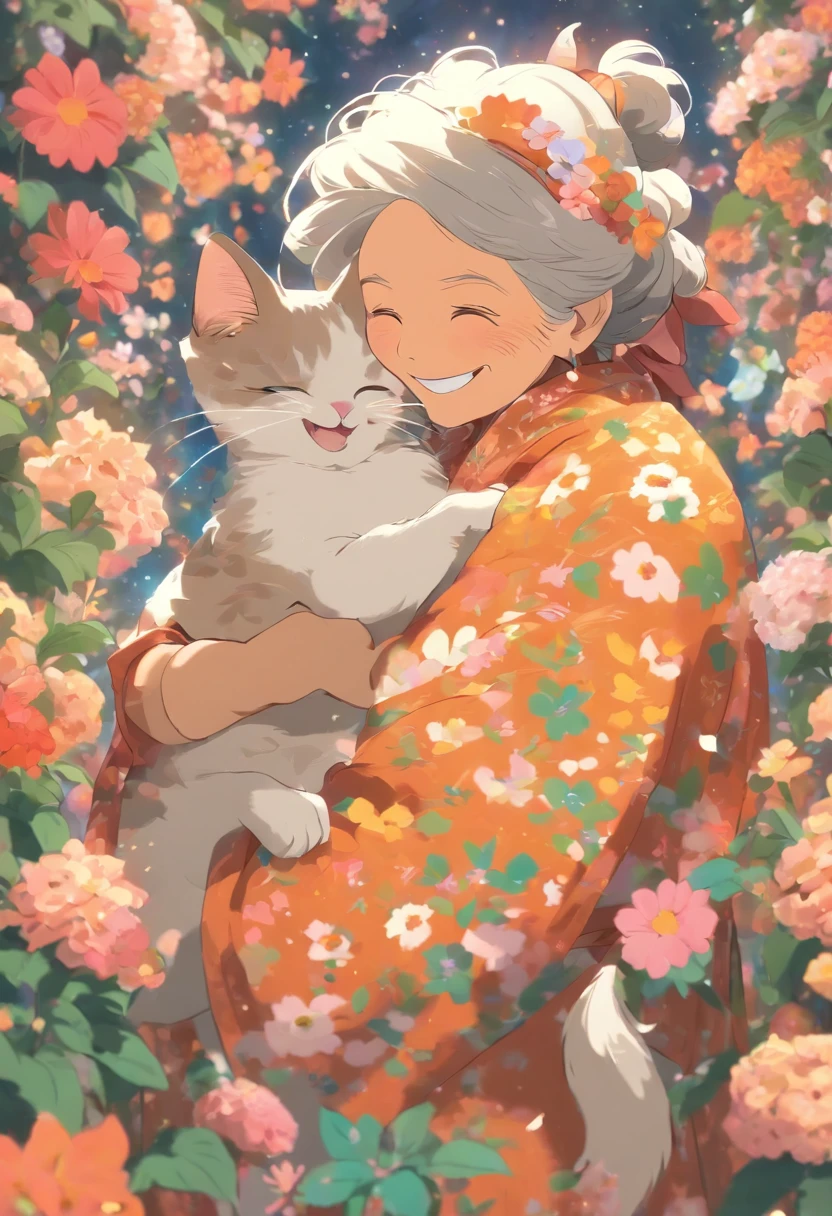 Grandmother holding a cat,Laugh happily,The back is surrounded by many flowers