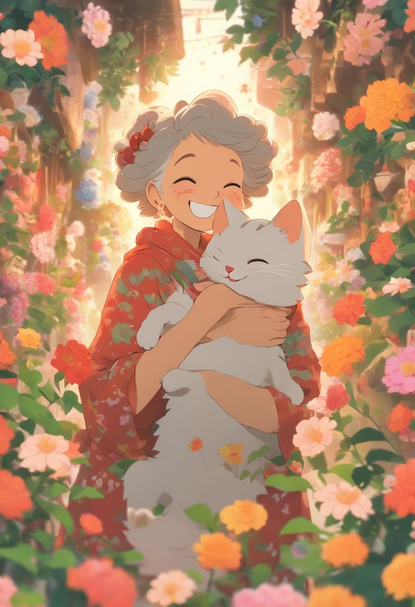 Grandmother holding a cat，Laugh happily，The back is surrounded by many flowers
