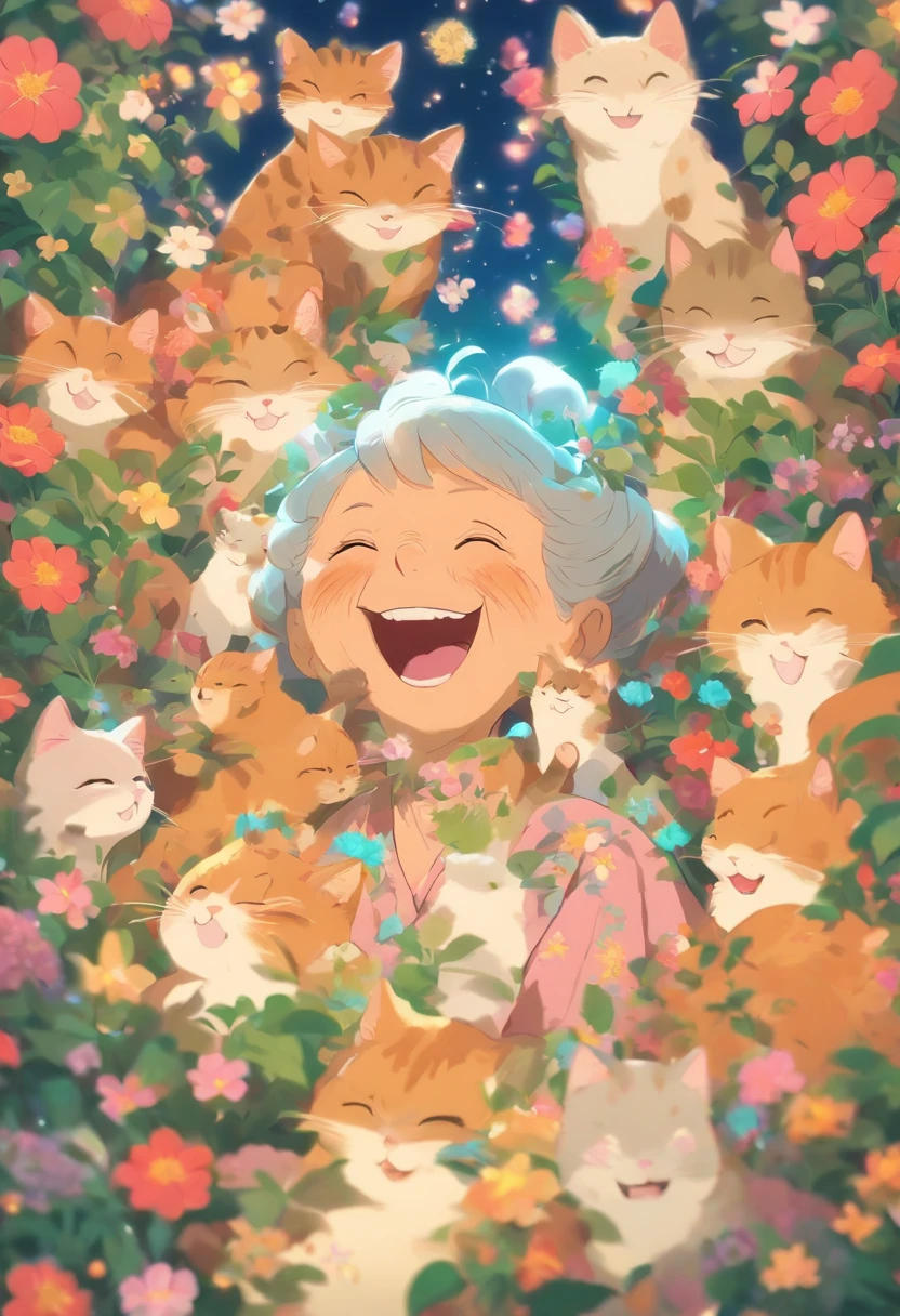 Grandmother holding a cat,Laugh happily,The back is surrounded by many flowers