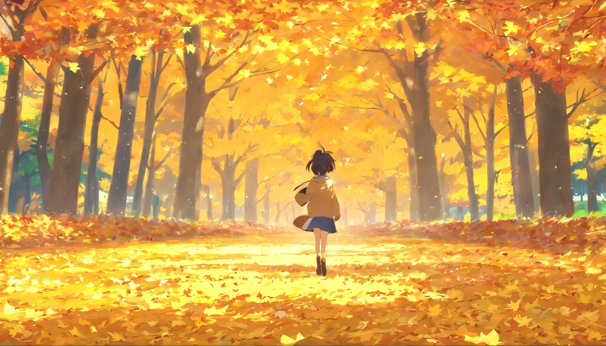 Autumn view，Maple leaves fall，A golden yellow，Very romantic，coziness，peacful，visual shock，hiyao miyazaki，anime big breast，best qualtiy,hyper HD,high qulity,high detal,Perfect picture,Textured skin,acurate,Fine details -