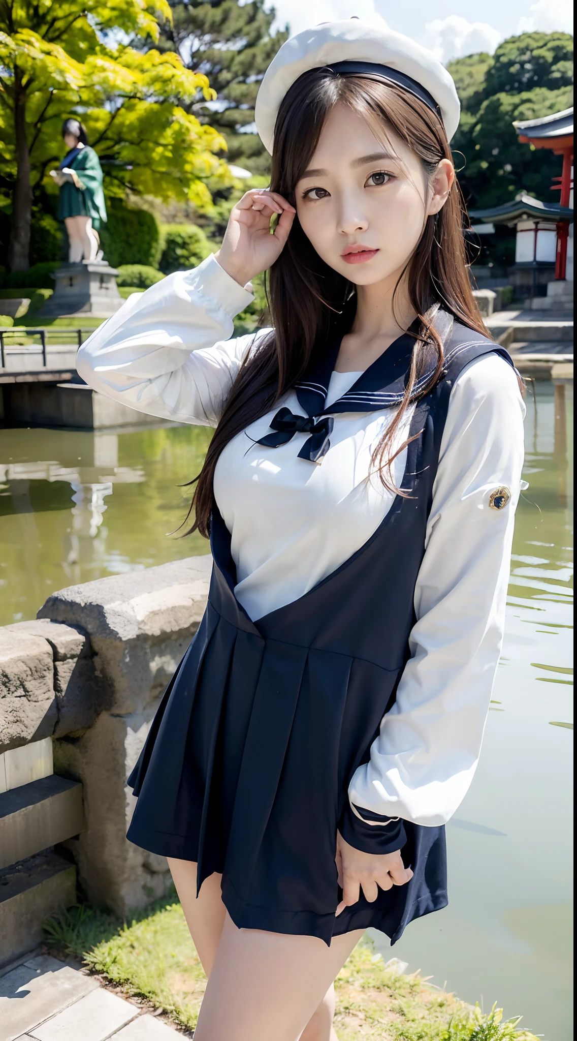 mix4, (16 K, Raw photography, Top image quality, masterpiece: 1.45), (realisitic, Photorealsitic: 1.37), one girls, 7.5, etc、Random hairstyle、Standing figure,Noon time slot、a very cute, Precincts of the shrine,, profetional lighting, photon maping, a park、physically-based renderingt, Gradient dark brown hair,, a handsome, Well-groomed and beautiful eyes、Large double eyelids、Very shiny、girl with, (((White long sleeve sailor suit worn by Japan high school girl、Dark blue collar、Dark blue mini skirt, Small gray beret、Dark blue knee-high socks、Black loafers))), Top Quality Photos, hight resolution, 1080p, (clearface), (Detailed face description), (Detailed hand description), (masterpiece), (Exquisite CG)、extreme light and shadows、dishevled hair、master work、abundant detail、(Fine facial features)、(top quality photo)、(masuter piece)、(A detailed eye)、Look in front of you、Fine clavicle、((Slender big))、(((Japan schoolgirl in long-sleeved sailor suit:0.7)))、((Ready Idol System))、((Precincts of the shrine、torii gate、Rushing water、Komainu))、(Shooting from random perspectives)、(((neat and cute)))、耳Nipple Ring、A big smile、Drawing the whole body from the knees、Do not draw nasolabial folds、(((Long-sleeved sailor suit)))、(Big breasts that hang down big:1.2)、Big buttocks with tension、Two arms and two legs、(((from the front side:0.7)))、bare hand、No mask、