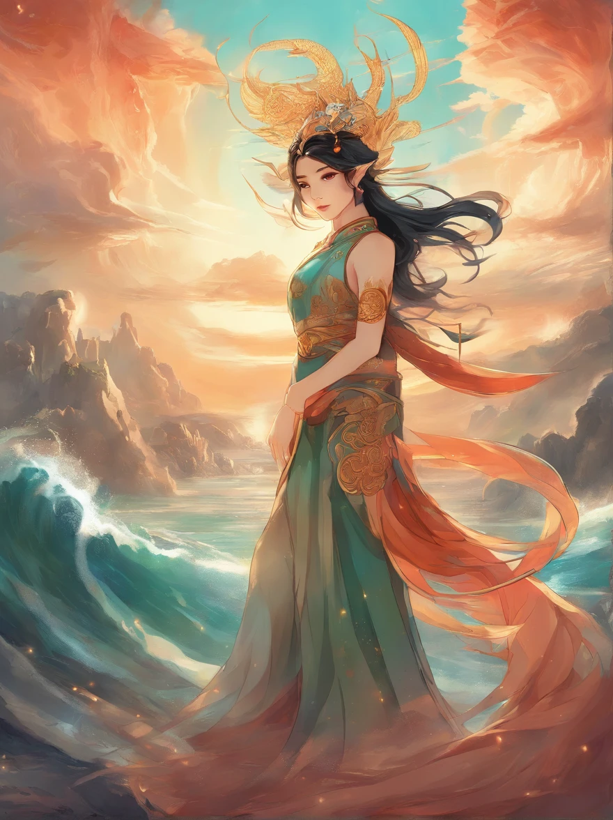Vickers style, The graphics in the poster design are ocean colors, Chinese dragon in ink painting, , As a water god, Live in the South China Sea, Control thunderstorms at sea, an ancient Chinese god, turtle, drak, Mare, stony, Super sharp,Realistic details, Auspicious clouds, depth of fields, God Ray, fantasy coloring, romanticism lain, art-deco, Cinematic lighting, Depth of field, Sparkle, god light, Ray tracing, Ultra-wide angle, first person perspective, Wide shot, hyper HD, High quality, High details, Textured skin, Best Premium 8K
