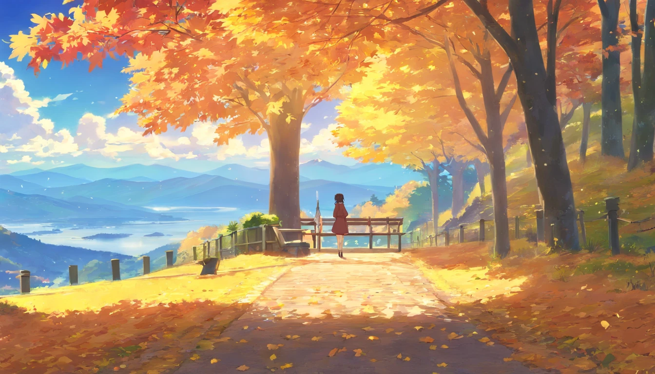 Autumn scenery, maple leaves falling, a golden yellow, blue sky, white clouds, mountains in the distance, very romantic, cozy, tranquil, visual impact, Hayao Miyazaki, anime, best quality, ultra high definition, high quality, high detail, perfect picture, textured skin, accurate, fine detail