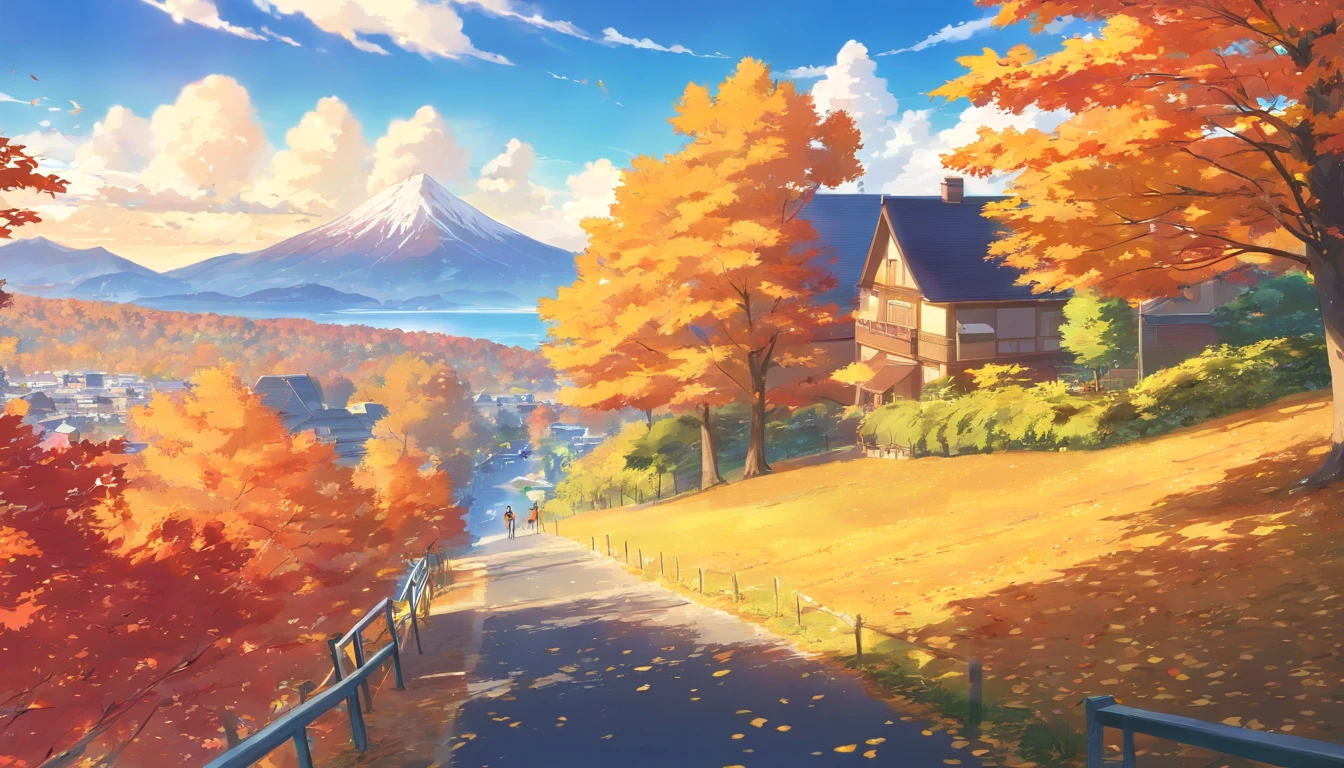 Autumn scenery, maple leaves falling, a golden yellow, blue sky, white clouds, mountains in the distance, very romantic, cozy, tranquil, visual impact, Hayao Miyazaki, anime, best quality, ultra high definition, high quality, high detail, perfect picture, textured skin, accurate, fine detail