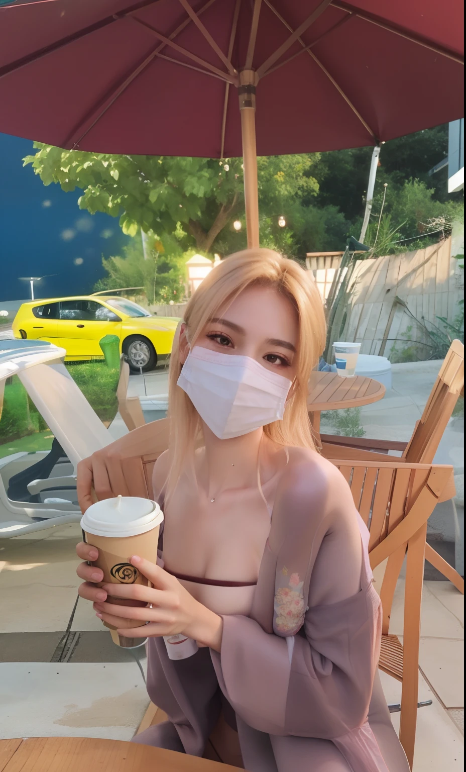 realistic skinny skin, sexy, sensual, beautifull face, ideal body, medium breast, realistic, wearing mask, holding a cup of coffee