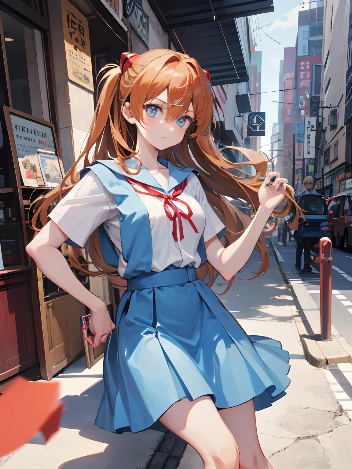 Asuka Langley Soryu,Blue eyes,hair between eyes,headware,Interface headset,Orange hair,Red ribbon、Ribbons、shcool uniform、skirts、Slip dress、Slip dress、Tokyo No. 3 Junior High School uniform、album artwork,Storytelling images