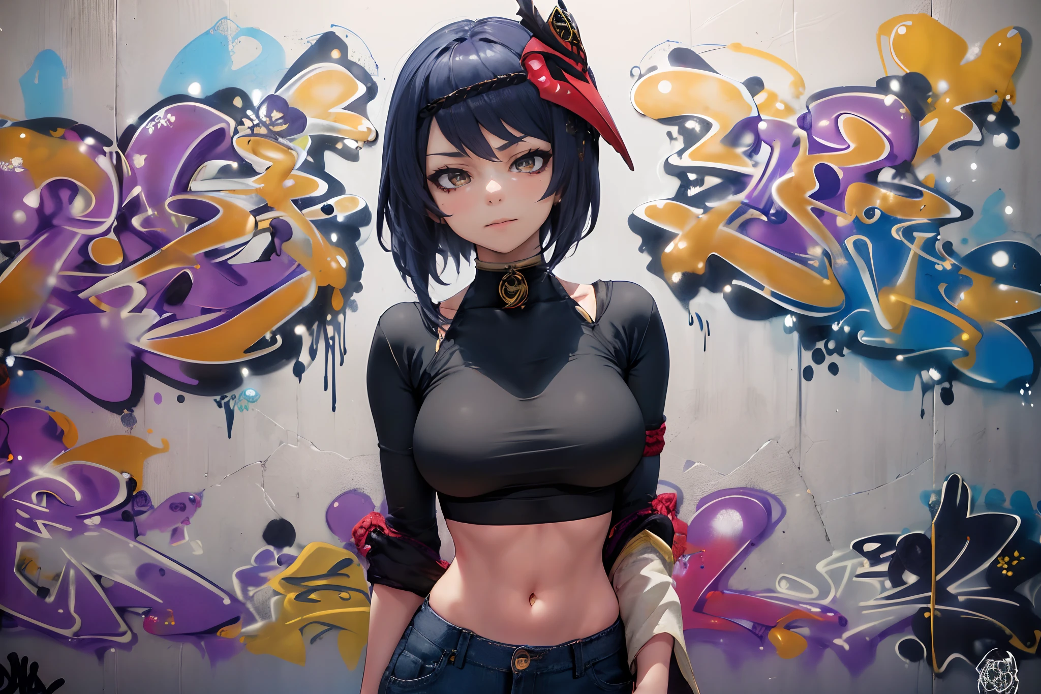 Kujou Sara Genshin Effect, masterpiece, bestquality, 1girls, mediuml breasts, bara, crop top, shorts jeans, choker, (Graffiti:1.5), Splash with purple lightning pattern., arm behind back, against wall, View viewers from the front., Thigh strap, Head tilt, bored, Ponytail, water eyes,