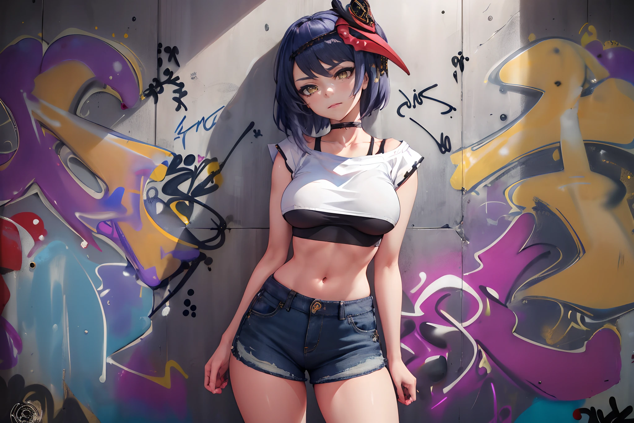 estilo anime, mujer grafitera, grafiti en la pared, desnuda contra la pared, gorra de lado, colores vivos, cabello rubio, buena figura, buenas curvas, tatuajes maxima calidad, ultra detallado, 8K, cuerpo entero