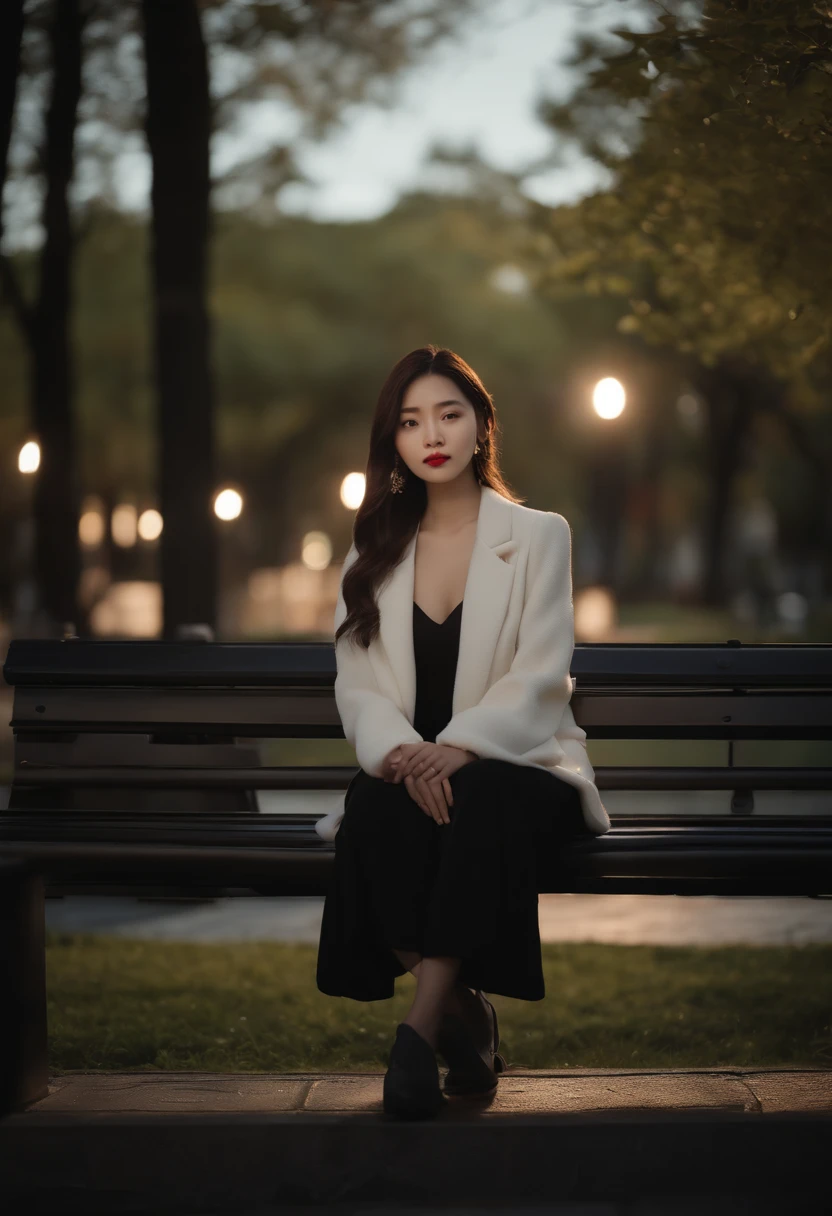 a hansohee sitting on a bench in the park, night lights, city lights, moonlight, night4k, Fujifilm XT3, 8k, max result, photographed on a Kodak, Award-winning photograph, (ultra realistic:1.5), (best quality:1.5), photorealistic, detailed skin texture, masterpiece, (photorealistic:1.4), Raw Photo,  perfect shading, realism, photography,detailed face texture, detailed lip texture, detail ear, detail eye,  depth of field,