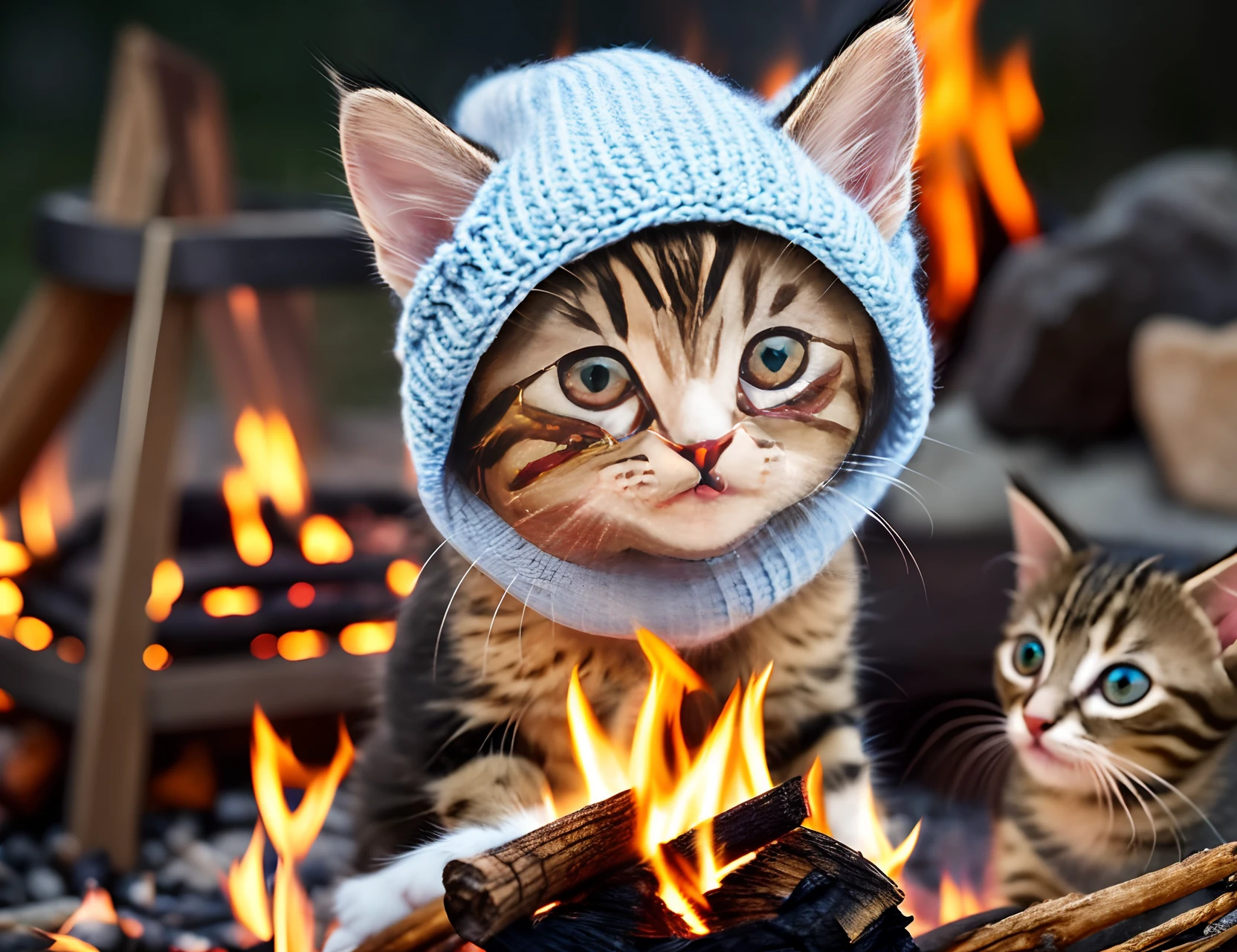 hyperrealistic cute kitten with knit hat sitting by campfire.   Large head and big eyes.  Roasting marshmallows --auto --s2