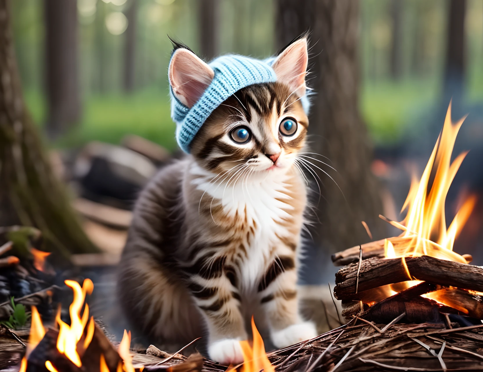 hyperrealistic cute kitten with knit hat sitting by campfire. Large head and big eyes. Roasting marshmallows --auto --s2