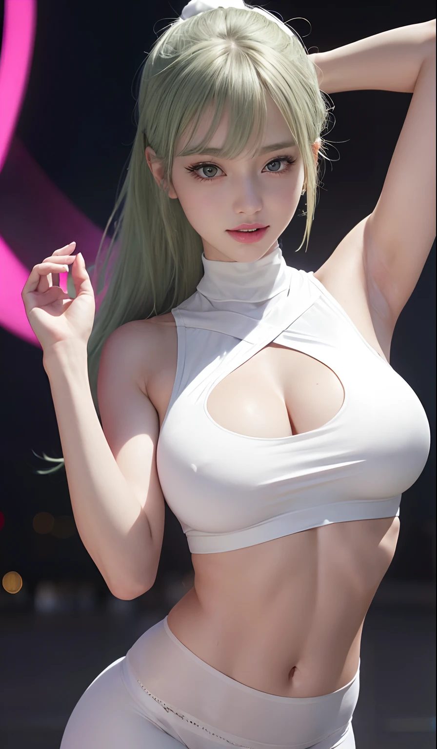 8K, masutepiece, Raw photo, Best Quality, Photorealistic, Highly detailed CG Unity 8K wallpaper, depth of fields, Cinematic Light, Lens Flare, Ray tracing, (Extremely beautiful face, Beautiful lips, Beautiful eyes), intricate detail face, ((Ultra detailed skin)) 1girll, In the Dark, deepshadow, Pretty Korean girl, Kpop Idol, 1 girl, (very slim and slender muscular body:1.3), ((view the viewer)),(Big smile:1.3), (Tight lace-up blouse), (PINK SHIRT), (Sleeveless) , (Fashion Night, a dark night, (Neon Light Sign), (Blurred background), Fashion Street Night),(No one is in the background:1.3), Beautiful earrings, bangle, Necklace, pantyhose, Clear eyes, (pale skin), (Big eyes), Face forward, ((upperbody shot)), ((Silk White Yoga Pants:1.3)),(Green hairs),((Skinny Silk Yoga Pants)), (Big Assa),(view the viewer:1.3) opened breast, Very slim, medium breasts, turn back, Back shot, , Underwear