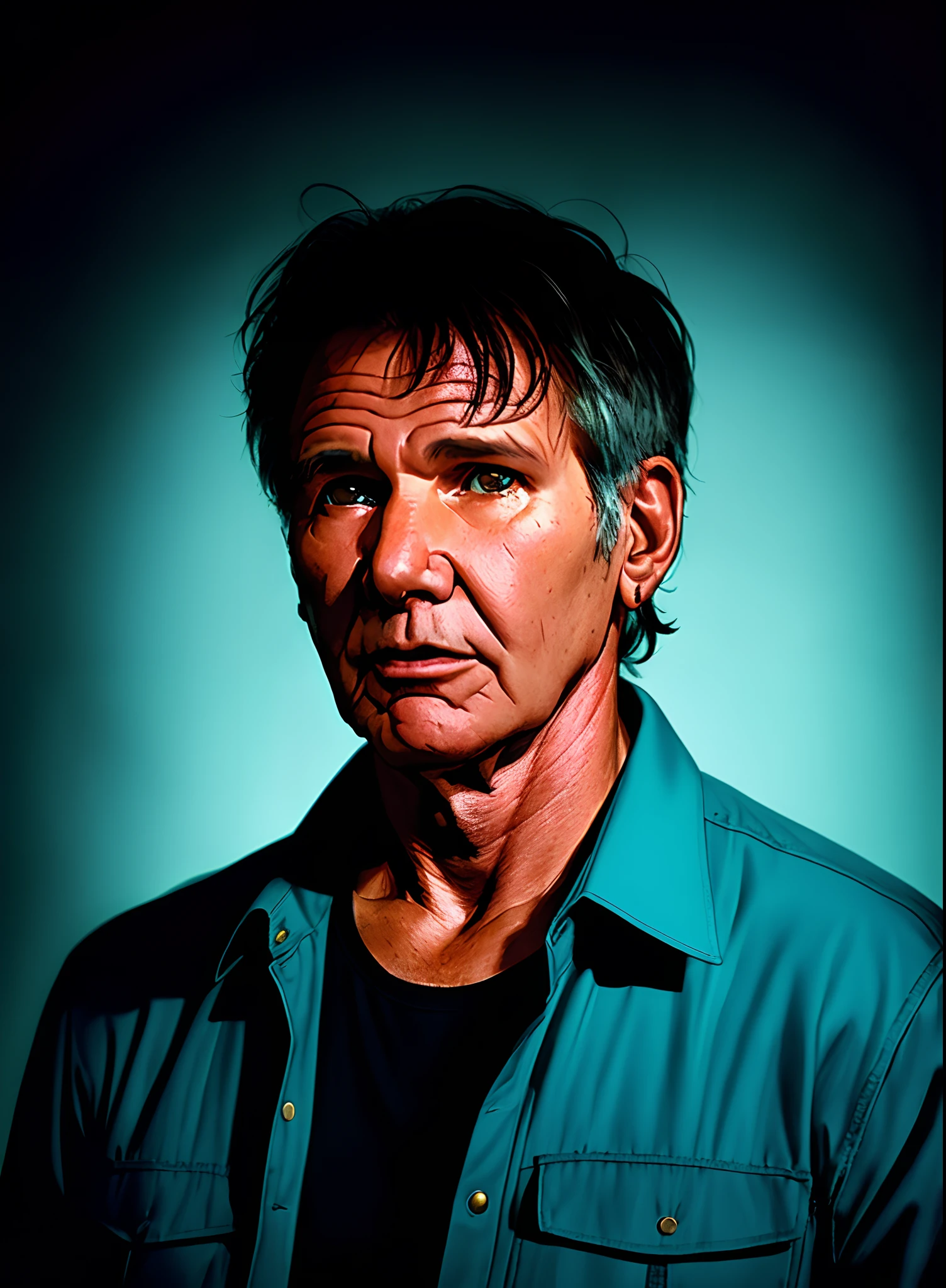 portrait of award-winning photo Harrison Ford, posing in a dark studio, (edge lighting: 1,4) duotone lighting, Sharp focus, Turquoise hue, octane number, unreal, dimly lit, Low key,