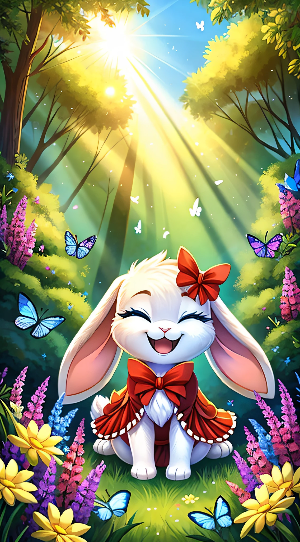 zoomed out image, fantasy style art, cute, adorable, short character, small, tiny little fluffy female white bunny with blue eyes, 4 ears, 2 extra ears, big floppy ears, long ears, ears perked up, raised ears, long eyelashes, poofy rabbit tail, wearing a red frilly ribbon dress, eyes shut, smiling, spinning in a forest, big expressive smile, open mouth, delighted expression, stunning visuals, sunlight coming through the trees, butterflies everywhere, flowers scattered in the bushes, digital illustration