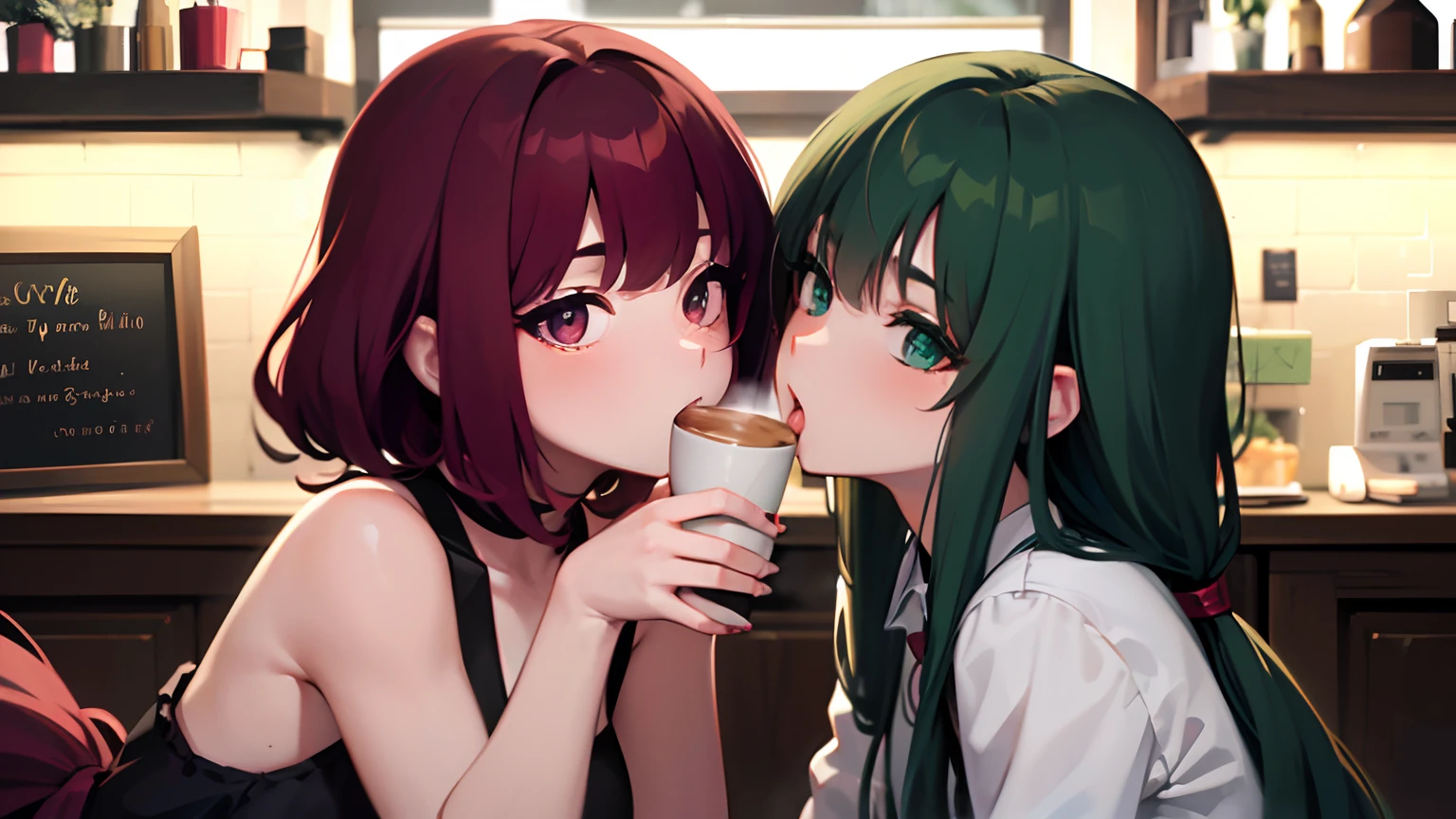 masterpiece, lots of detail, 4k, 8k, ((ultra-detailed)), highres, soft lighting, 2girls, lesbian, kissing, mouth open, domination, tongue, licking, coffee shop, {loose clothes|sweater}, {green eyes|red eyes|blue eyes|gold eyes}, {bangs|pubic hair}, {very long hair|short hair|curly hair}, {red hair|black hair|blonde hair|multicolored hair|green hair|purple hair}, {twintails|ponytail|loose hair|bob cut|hime cut|tomboy}, blush, warm, detailed hands, {low angle|medium angle|high angle}