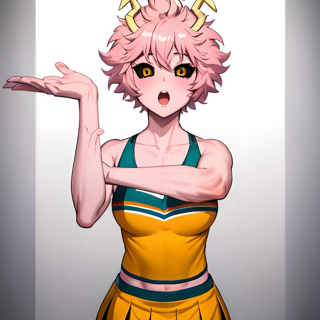 1_girl, pink skin, yellow eyes, black sclera, horns, pink hair, medium breasts, ((chubby)) , micro skirt, very short skirt, cheerleader, erotic, sensual, beatifull, very detailed fingers, very detailed hand, perfect_hands, well-detailed fingers, well-detailed hand, perfect, well-detailed fingers, well-detailed hand, perfect_hands, perfect, GoodHands-beta2, Furtastic_Detailer, ((empty hands)), ((mina ashido))