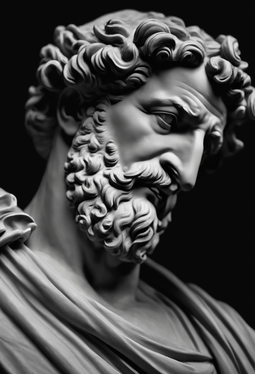 a portrait statue of the stoic Marcus Aurelius in black and white 4K,Face de lado, papel de parede super realista