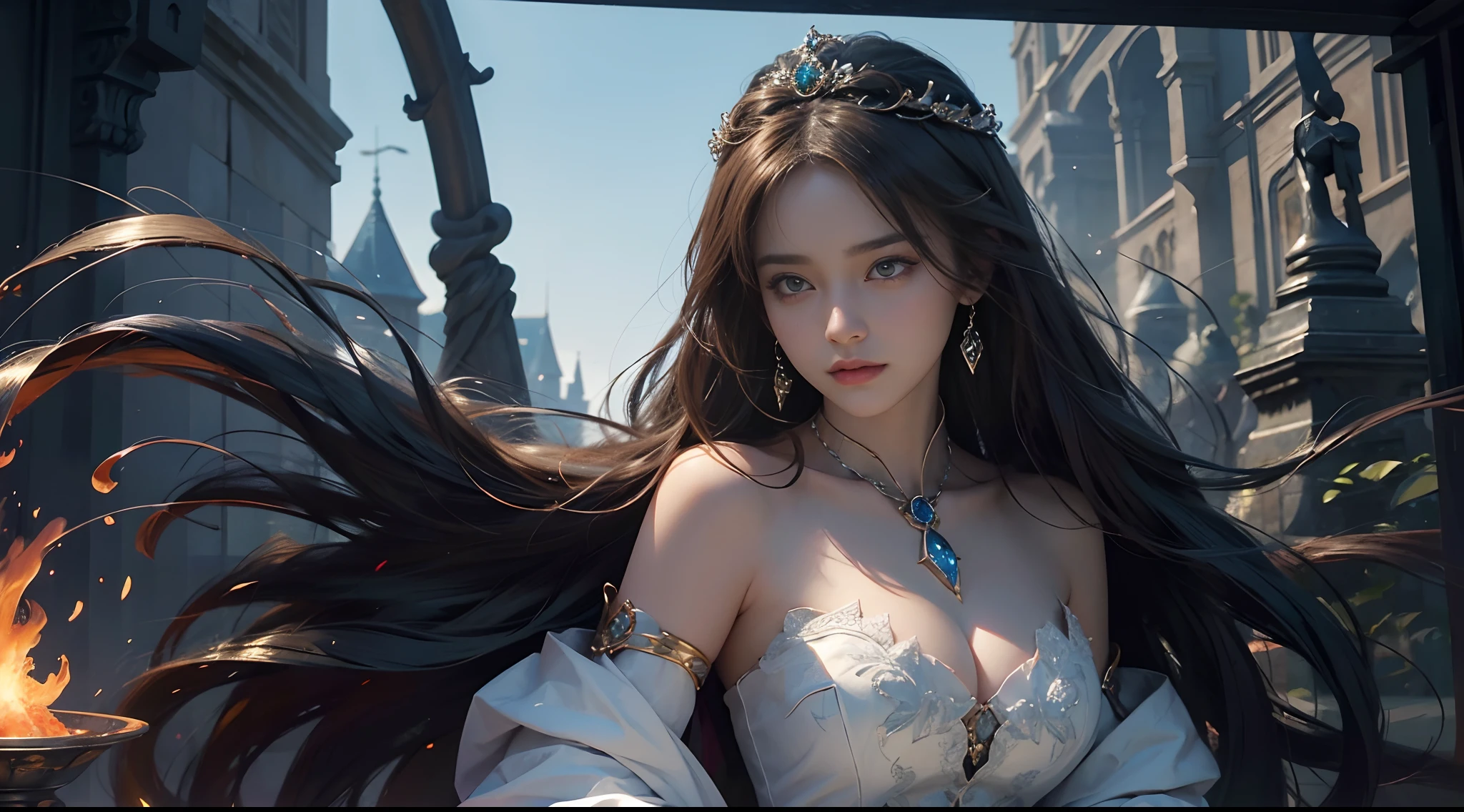 tmasterpiece,top-quality,best qualityer,offcial art,Beauty and aesthetics:1.2),(tmasterpiece:1.3), (8K, realisticlying, RAW photos, best qualtiy: 1.4), beauitful face, (photorealiscic face),超高分辨率, Ultra photo realsisim, highly detailed, the golden ratio, (with dynamism:1.3),(Saturation:1.3),illusory engine, (High detail: 1.9),(femele:1.4),(Large breasts),female mage,The background is the castle,dramatics,(magia:1.8),(Glowing scepter:1.5),Mysterious symbol