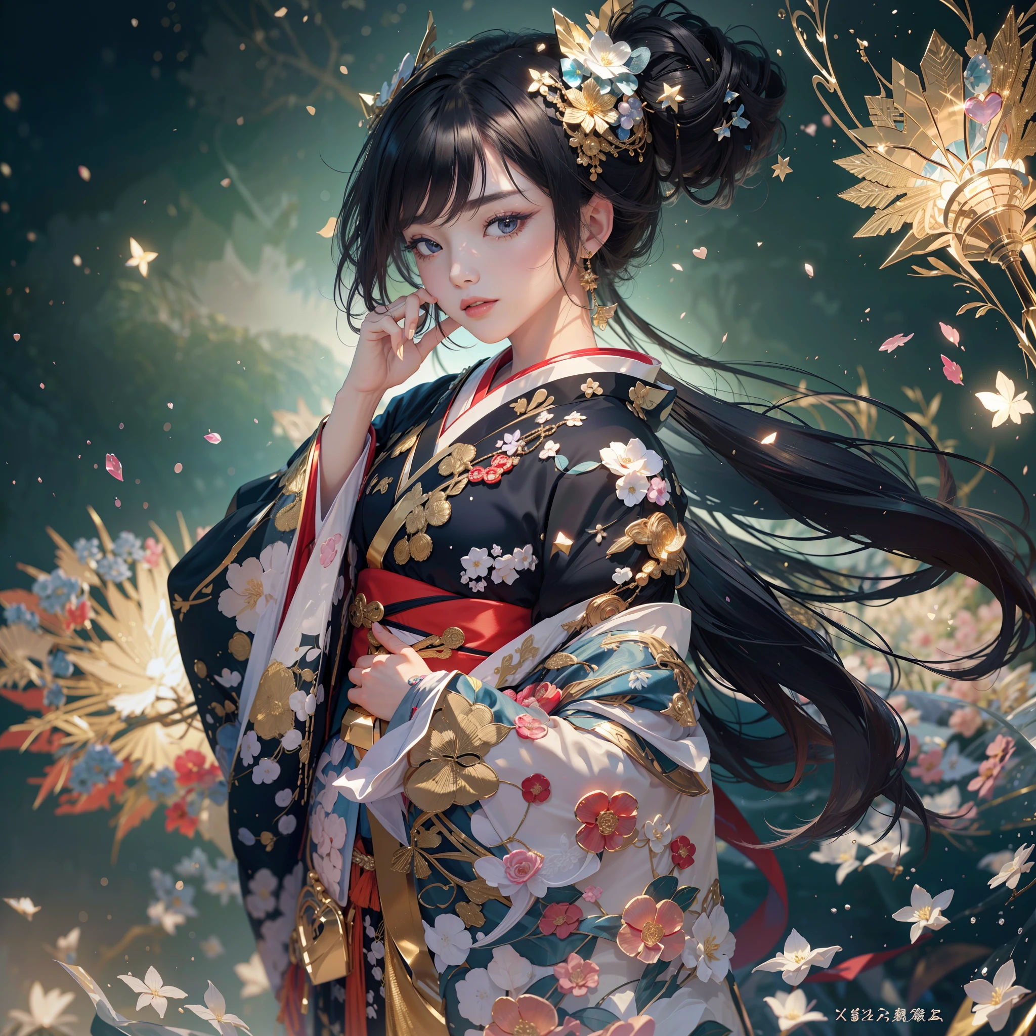 profile,watching at viewers,Gouño on dark background(kyoto、starryskybackground,dense background),perfect hand、Woman with shiny black hair,((3D with a three-dimensional effect)),Break Ponytail、elaborate costume{Luxury kimono(Colorful kimono(Detailed golden embroidery,))}、face perfect,Depict a beautiful and graceful woman of Japan。Heart in the eye。 Wallpaper 8K, .Blur the background with a sickle,((masutepiece)), ((Best Quality)),{{Photorealistic}}