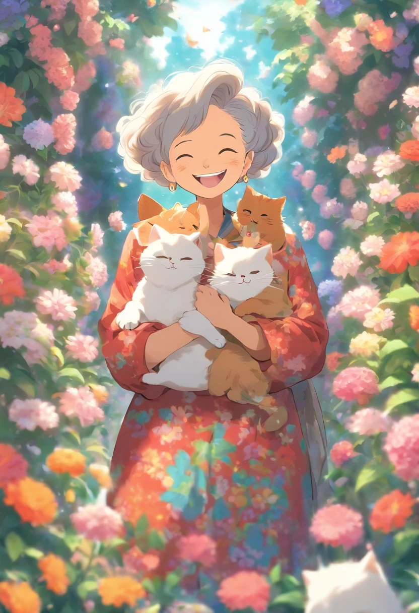 Grandmother holding a cat,wearing casual cloths,Laugh happily,The back is surrounded by many flowers
