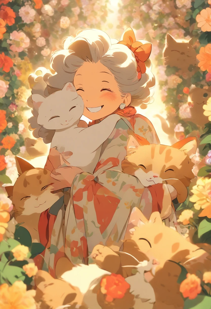 Grandmother holding a cat,wearing casual cloths,Laugh happily,The back is surrounded by many flowers