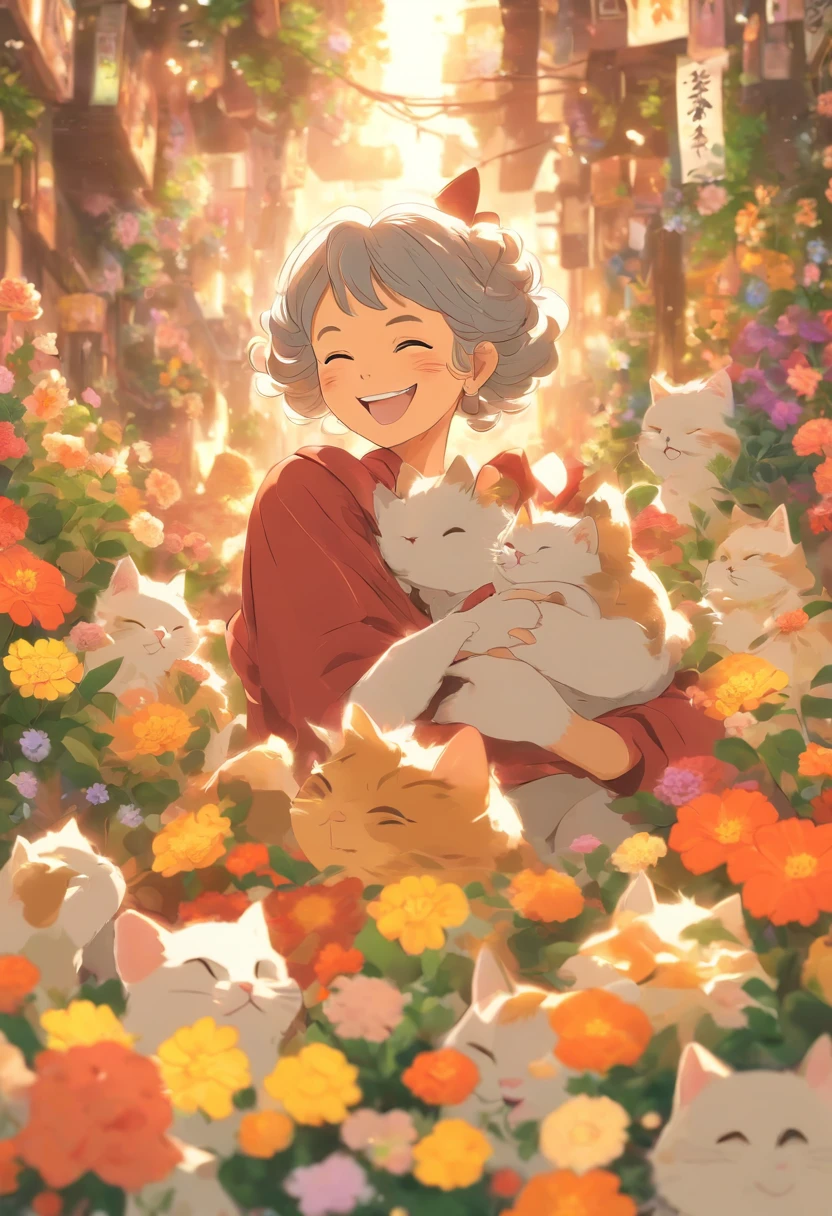 Grandmother holding a cat，wearing casual cloths，Laugh happily，The back is surrounded by many flowers