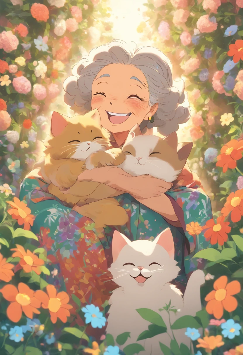 Grandmother holding a cat,wearing casual cloths,Laugh happily,The back is surrounded by many flowers