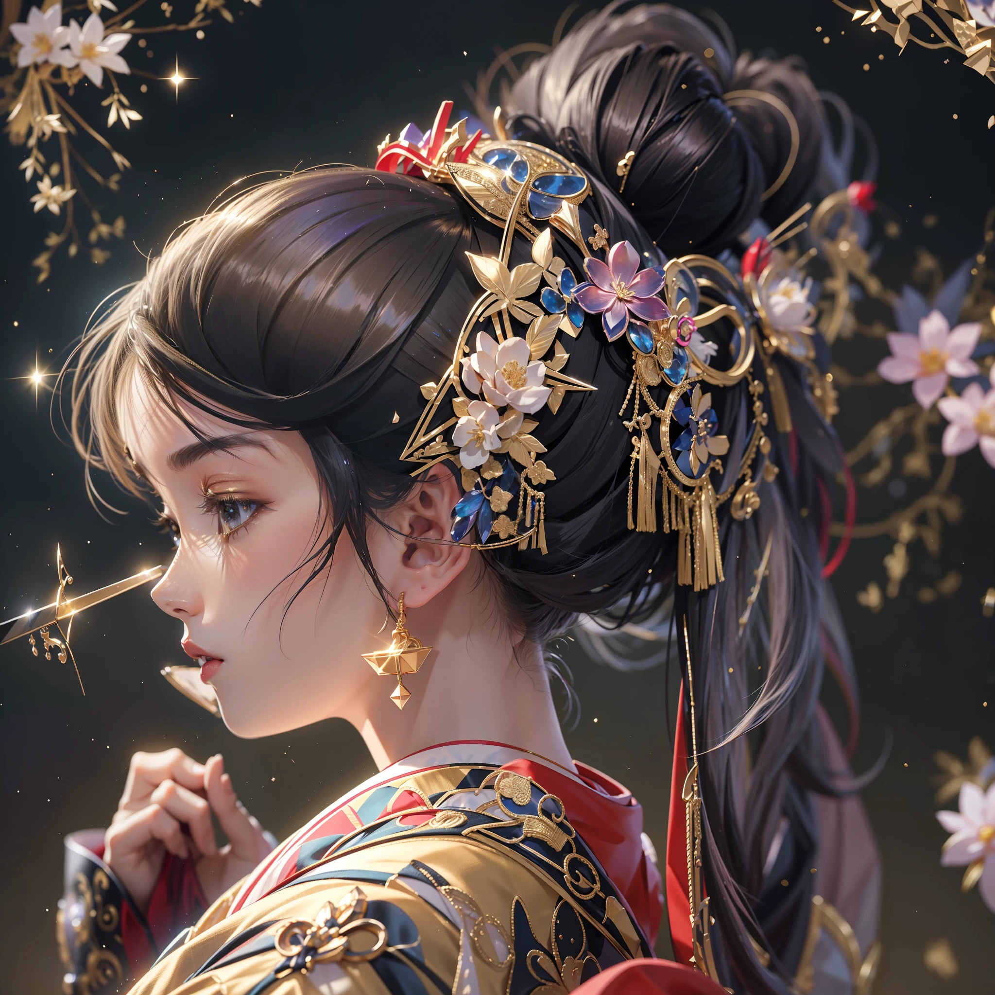 profile,watching at viewers,Gouño on dark background(kyoto、starryskybackground,dense background),perfect hand、Woman with shiny black hair,((3D with a three-dimensional effect)),Break Ponytail、elaborate costume{Luxury kimono(Colorful kimono(Detailed golden embroidery,))}、face perfect,Depict a beautiful and graceful woman of Japan。Heart in the eye。 Wallpaper 8K, .Blur the background with a sickle,((masutepiece)), ((Best Quality)),{{Photorealistic}}