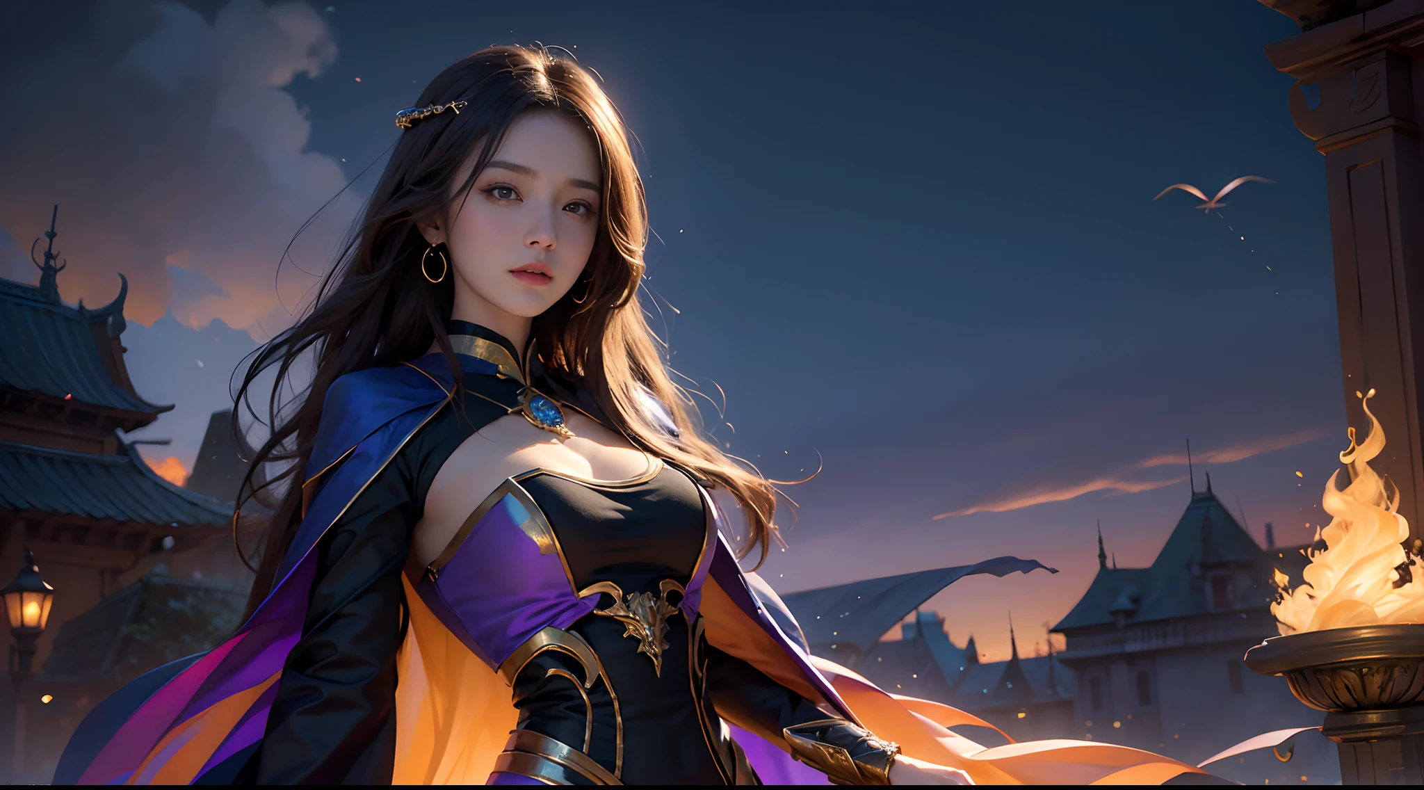 tmasterpiece,top-quality,best qualityer,offcial art,Beauty and aesthetics:1.2),(tmasterpiece:1.3), (8K, realisticlying, RAW photos, best qualtiy: 1.4), beauitful face, (photorealiscic face),超高分辨率, Ultra photo realsisim, highly detailed, the golden ratio, (with dynamism:1.3),(Saturation:1.3),illusory engine, (High detail: 1.9),(femele:1.4),(Large breasts),female mage,The background is the castle,dramatics,(magia:1.8),(Glowing scepter:1.5),Mysterious symbol