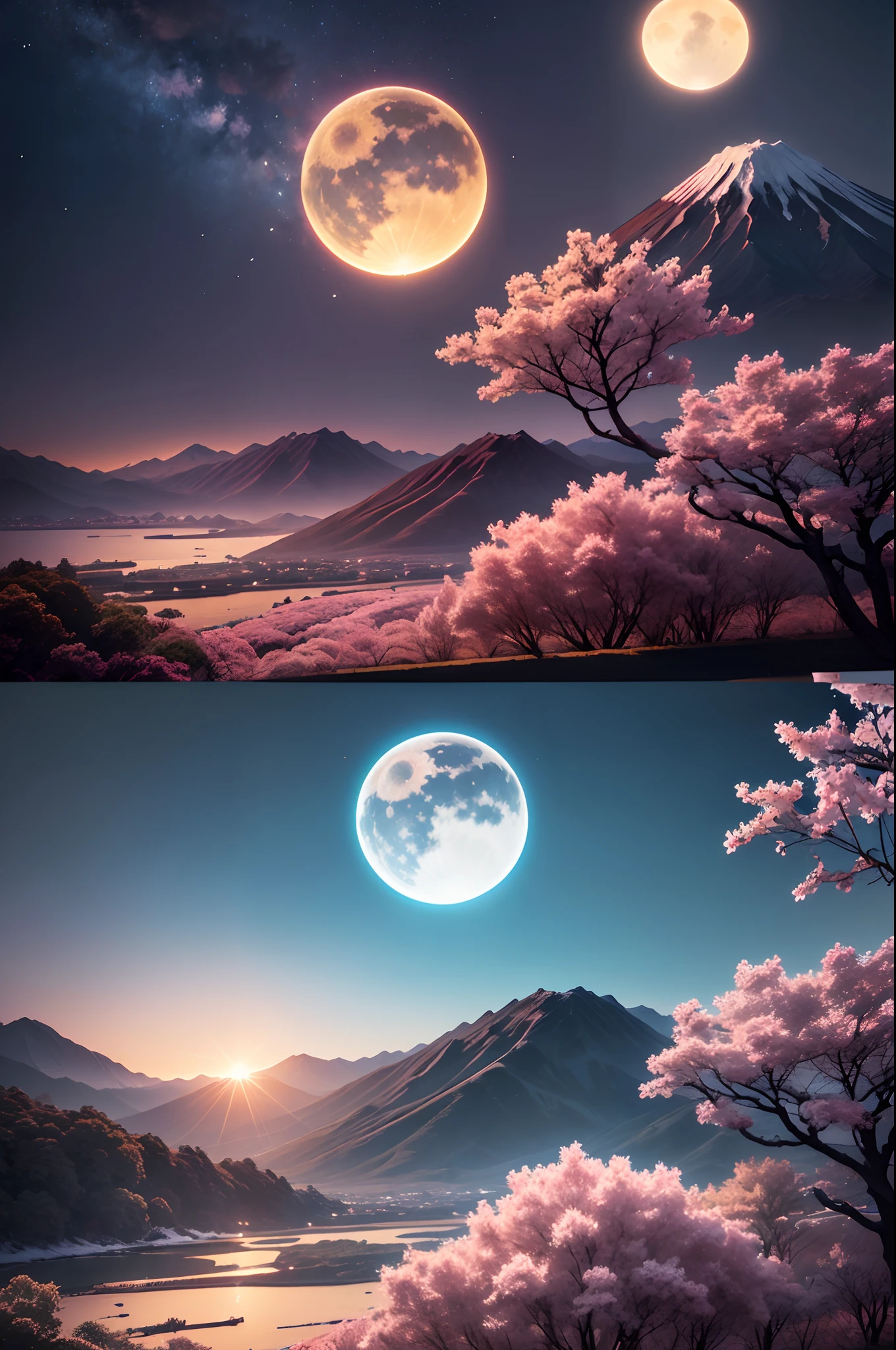 Sun & Moon same day mixing background photo manipulate, day & night same day, where day and night are the same day, Japan Fuji Mountain, Japan Sakura Flower, Photo Manipulation, (best quality,4k,8k,highres,masterpiece:1.2),ultra-detailed,(realistic,photorealistic,photo-realistic:1.37)