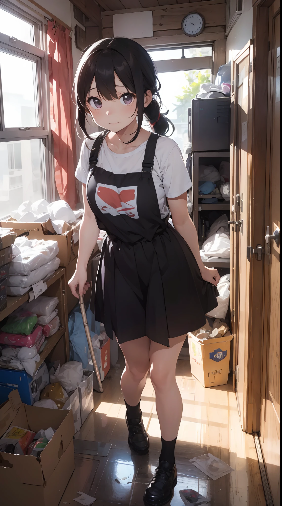 This illustration is、Pretty girl standing in a room filled with garbage、It depicts a moment when you are furious about the situation。She、Holding cleaning tools in hand、Its eyes are burning with anger。Among them、Old magazines、leftover food、Filled with unused household appliances。 however、The most notable is、She gives off「The high-energy body of the final mystery」is。This energy body is、Released from her body、Has the power to erase garbage in the room in an instant。ha、Emitting a pale light、That light is in the corner of the room々It has been delivered to。 This moment、Garbage burns out、The room becomes clean in an instant。 Eta、At its heart is、Anger subsides、A girl with a satisfied expression is standing。