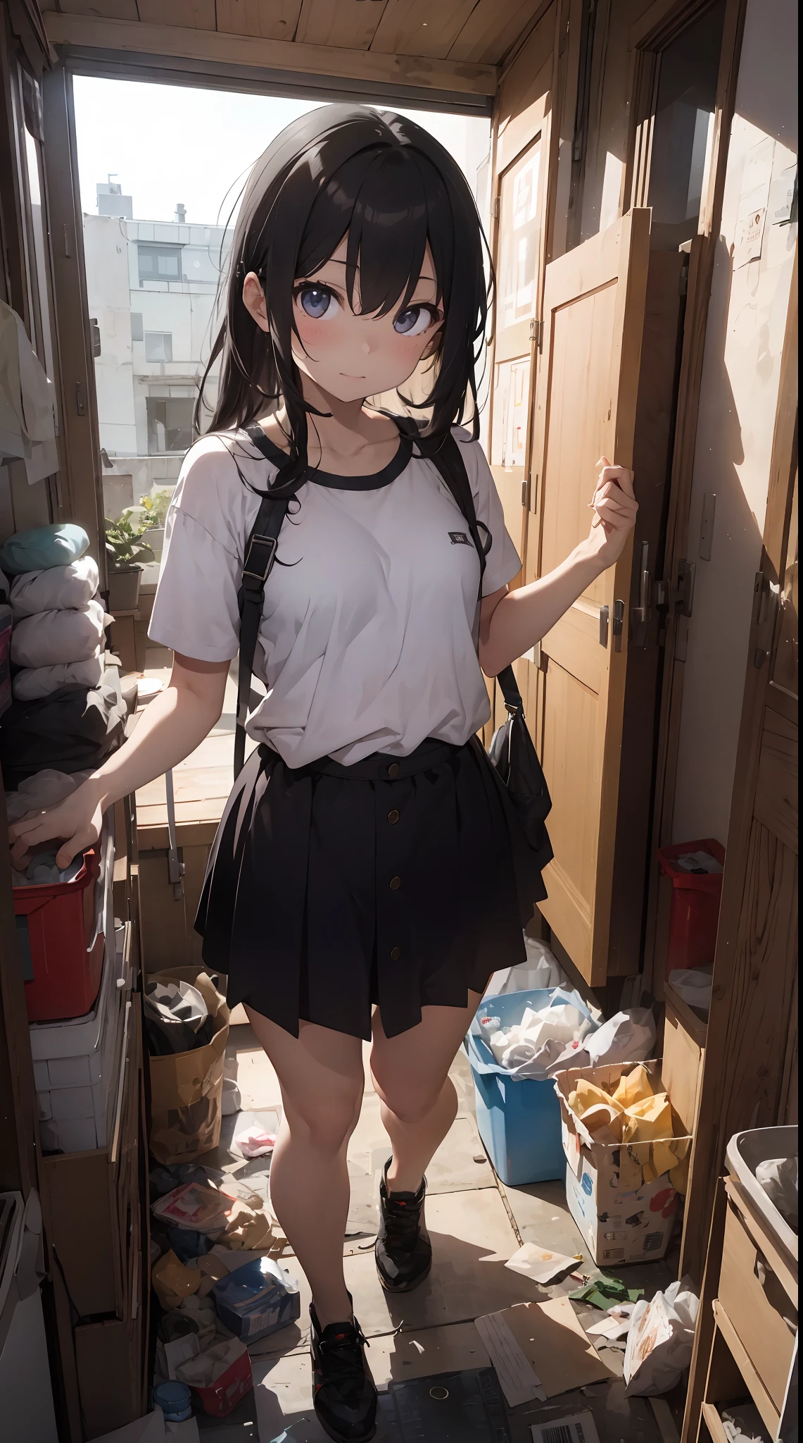 This illustration is、Pretty girl standing in a room filled with garbage、It depicts a moment when you are furious about the situation。She、Holding cleaning tools in hand、Its eyes are burning with anger。Among them、Old magazines、leftover food、Filled with unused household appliances。 however、The most notable is、She gives off「The high-energy body of the final mystery」is。This energy body is、Released from her body、Has the power to erase garbage in the room in an instant。ha、Emitting a pale light、That light is in the corner of the room々It has been delivered to。 This moment、Garbage burns out、The room becomes clean in an instant。 Eta、At its heart is、Anger subsides、A girl with a satisfied expression is standing。