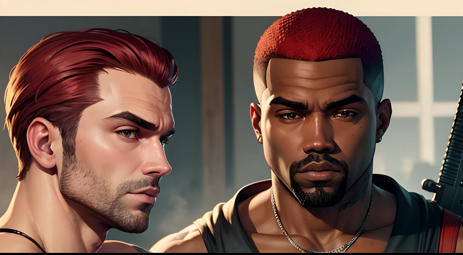 One man ,sem camisa,tatooado,gta personagem, Como o protagonista de GTA 5, GTA V Estilo, como um personagem de gtav, corte de cabelo red,cabelo red,Kanye West em GTA v, Estilo GTA5, gta v personagem, empunhando fuzil de assalto,rifle in hand ,fuzil AK-47 ,gta 5 tom de pele negro